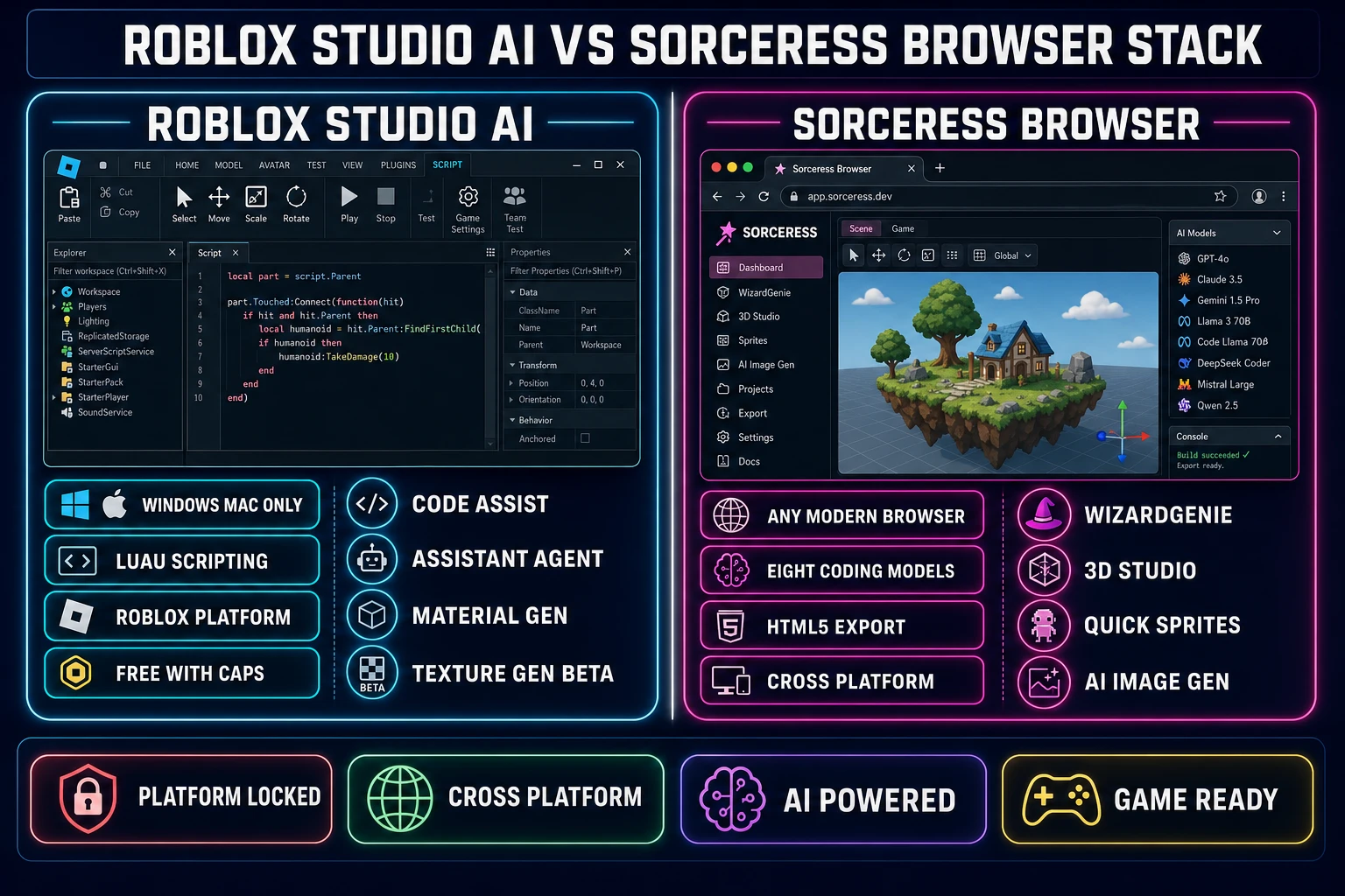 Side-by-side comparison of Roblox Studio AI versus the Sorceress browser stack &mdash; platform-locked Studio versus cross-platform WizardGenie
