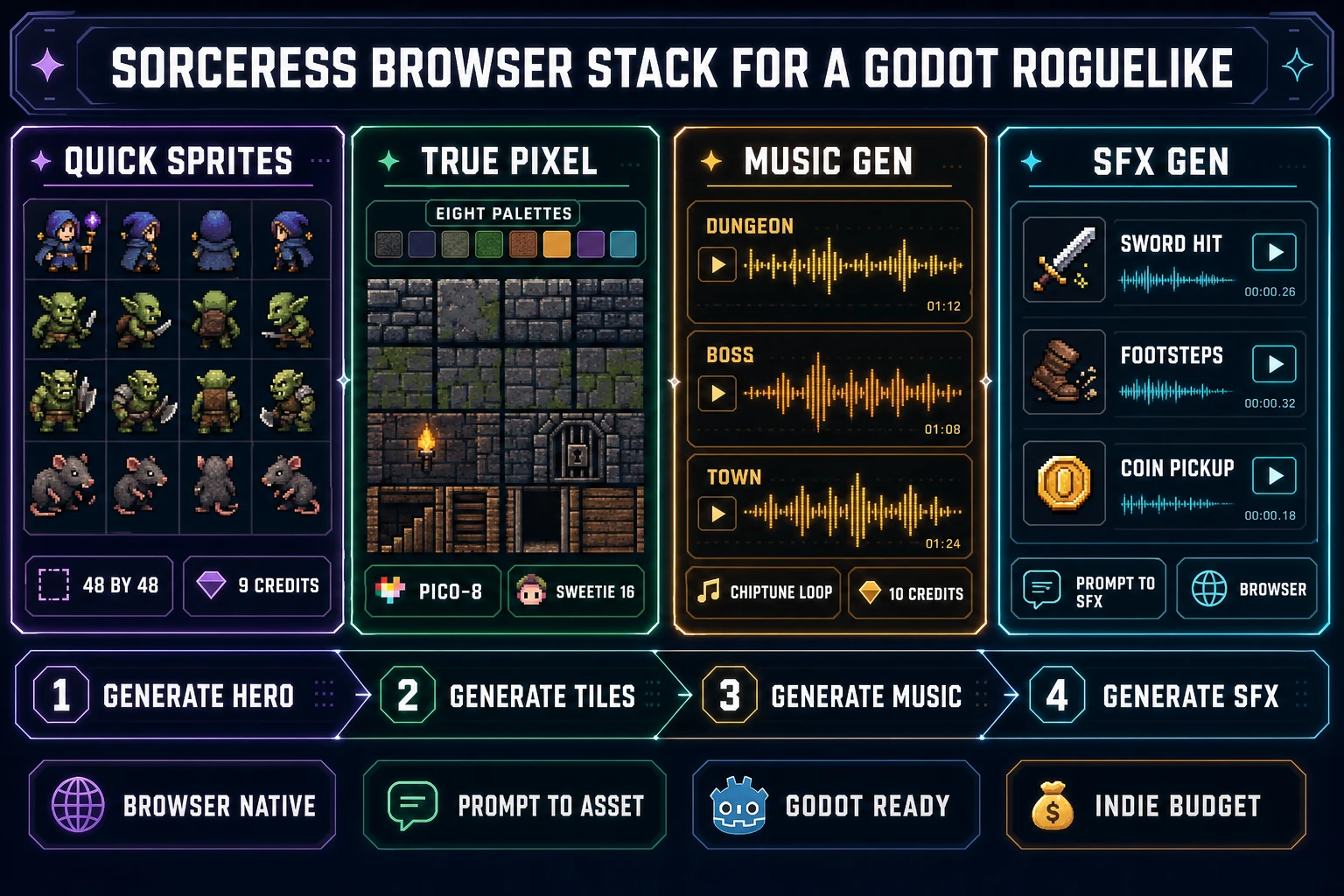 Four-panel diagram of the Sorceress browser stack for a Godot roguelike &mdash; Quick Sprites for character sheets, True Pixel for dungeon tiles, Music Gen for soundtracks, and SFX Gen for hit sounds