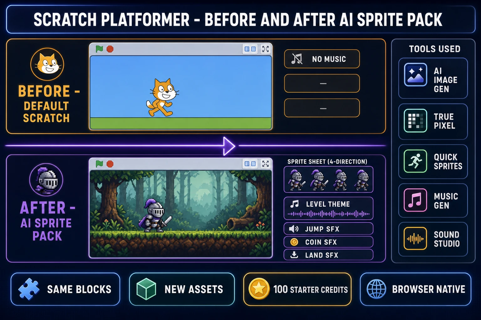 Three-panel comparison showing a default Scratch project with the stock cat sprite on a plain backdrop, the same project with an AI-generated hero sprite and pixel-art background, and the final project with walk cycle frames, music waveform, and SFX clip indicators. The AI sprite pack upgrade path for a Scratch platformer.