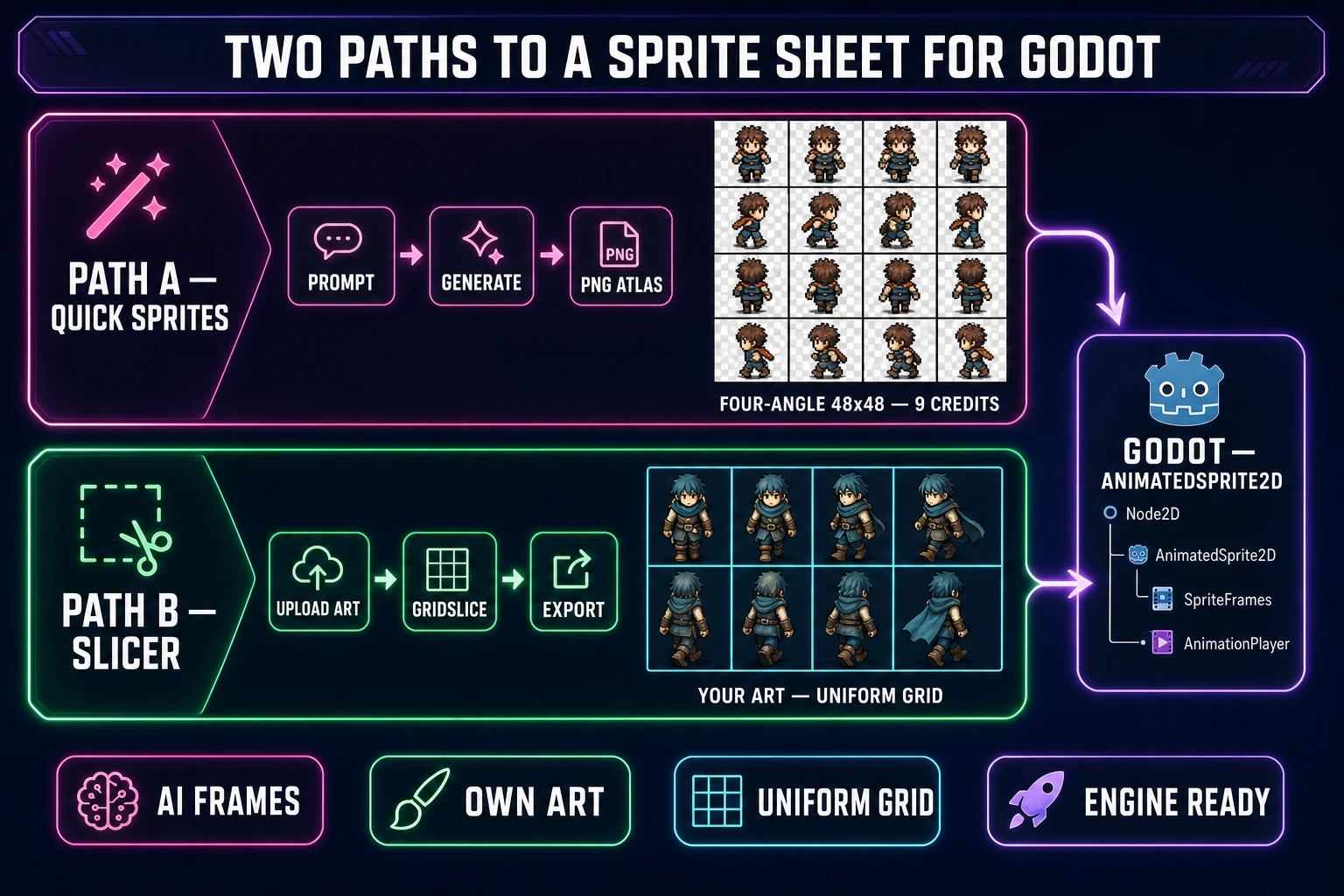 Two paths to a sprite sheet for Godot — top lane shows Sorceress Quick Sprites prompt to four-angle 48 by 48 walk frames at 9 credits, bottom lane shows Sorceress Slicer uploading hand-painted character pose strip and gridslicing into a uniform 4x2 grid, both lanes converging on a Godot AnimatedSprite2D node