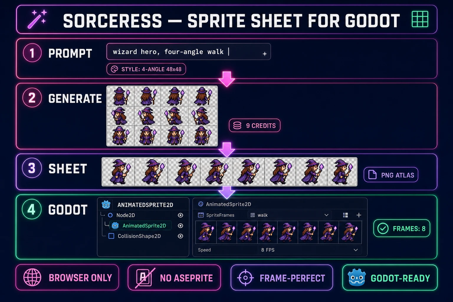 Sprite sheet for Godot pipeline inside Sorceress Quick Sprites — prompt, generate four-angle 48 by 48 walk frames, export PNG atlas, drop into AnimatedSprite2D in Godot 4.6 — on a dark navy background with magenta, purple, and emerald accents