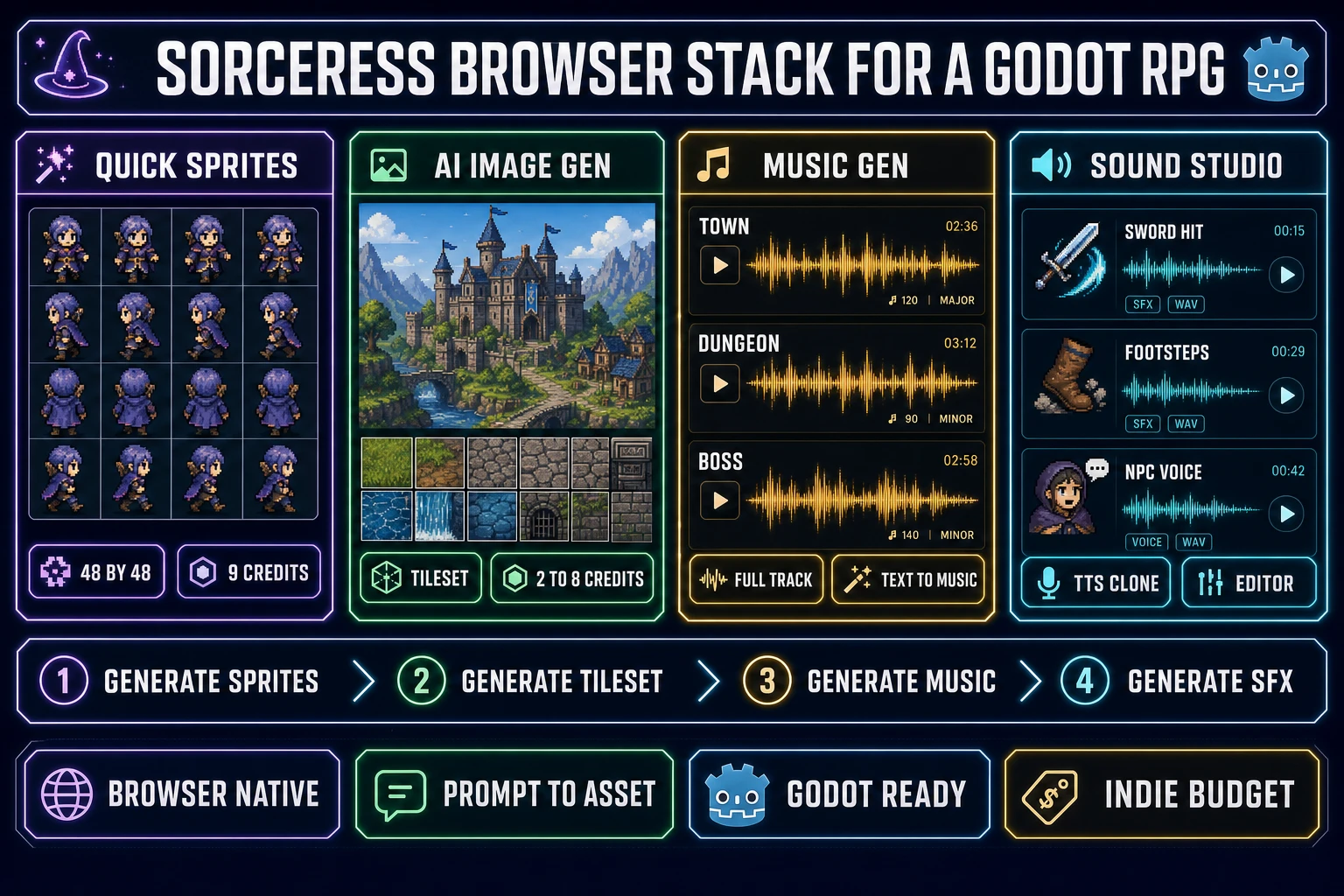 Four-panel diagram of the Sorceress browser stack for a Godot RPG &mdash; Quick Sprites for character sheets, AI Image Gen for tilesets, Music Gen for soundtracks, and Sound Studio for SFX