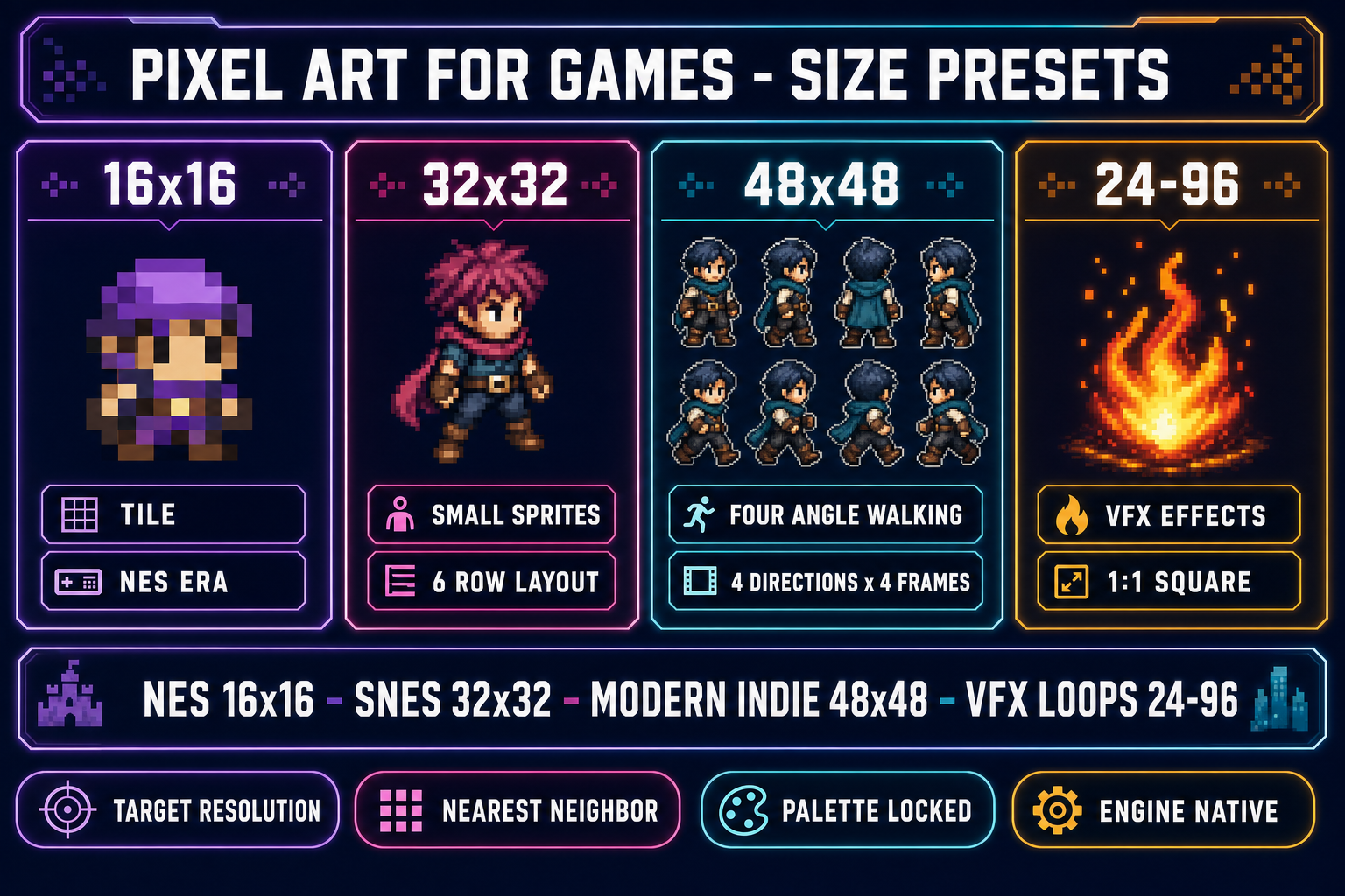 Four-panel diagram showing pixel art for games size presets &mdash; 16x16, 32x32, 48x48, 24-96 &mdash; with hardware era anchors and the matching Quick Sprites animation styles
