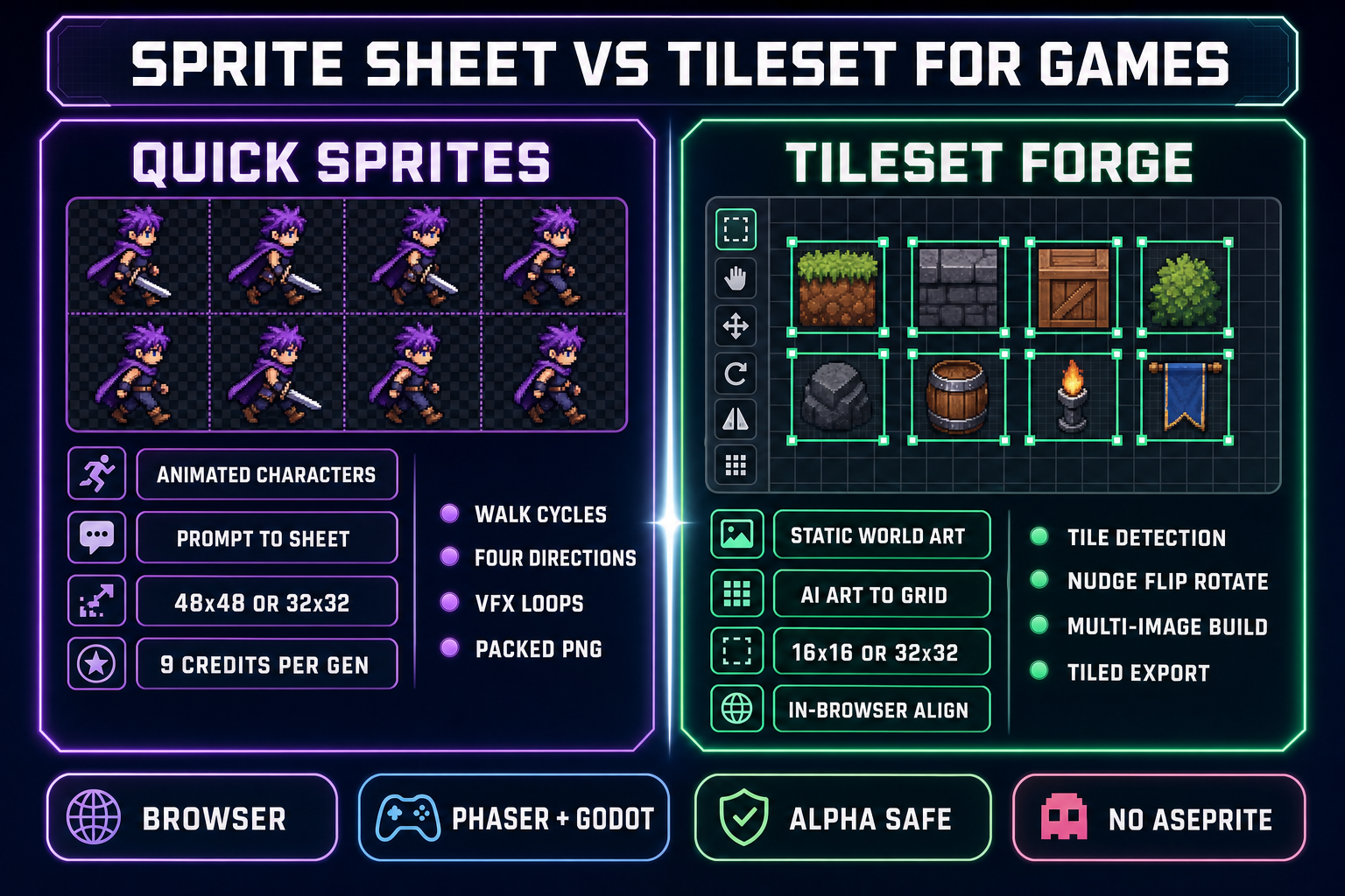 Side-by-side comparison of Quick Sprites versus Tileset Forge for game pixel art &mdash; animated characters in Quick Sprites at 48x48 versus aligned dungeon tiles in Tileset Forge on a 16x16 grid