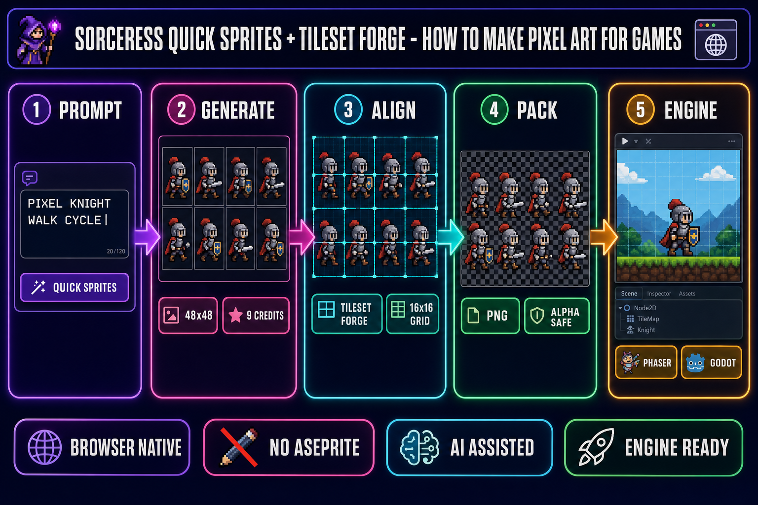 Five-panel browser pipeline diagram showing how to make pixel art for games &mdash; prompt, generate, align, pack, engine &mdash; with Sorceress Quick Sprites and Tileset Forge