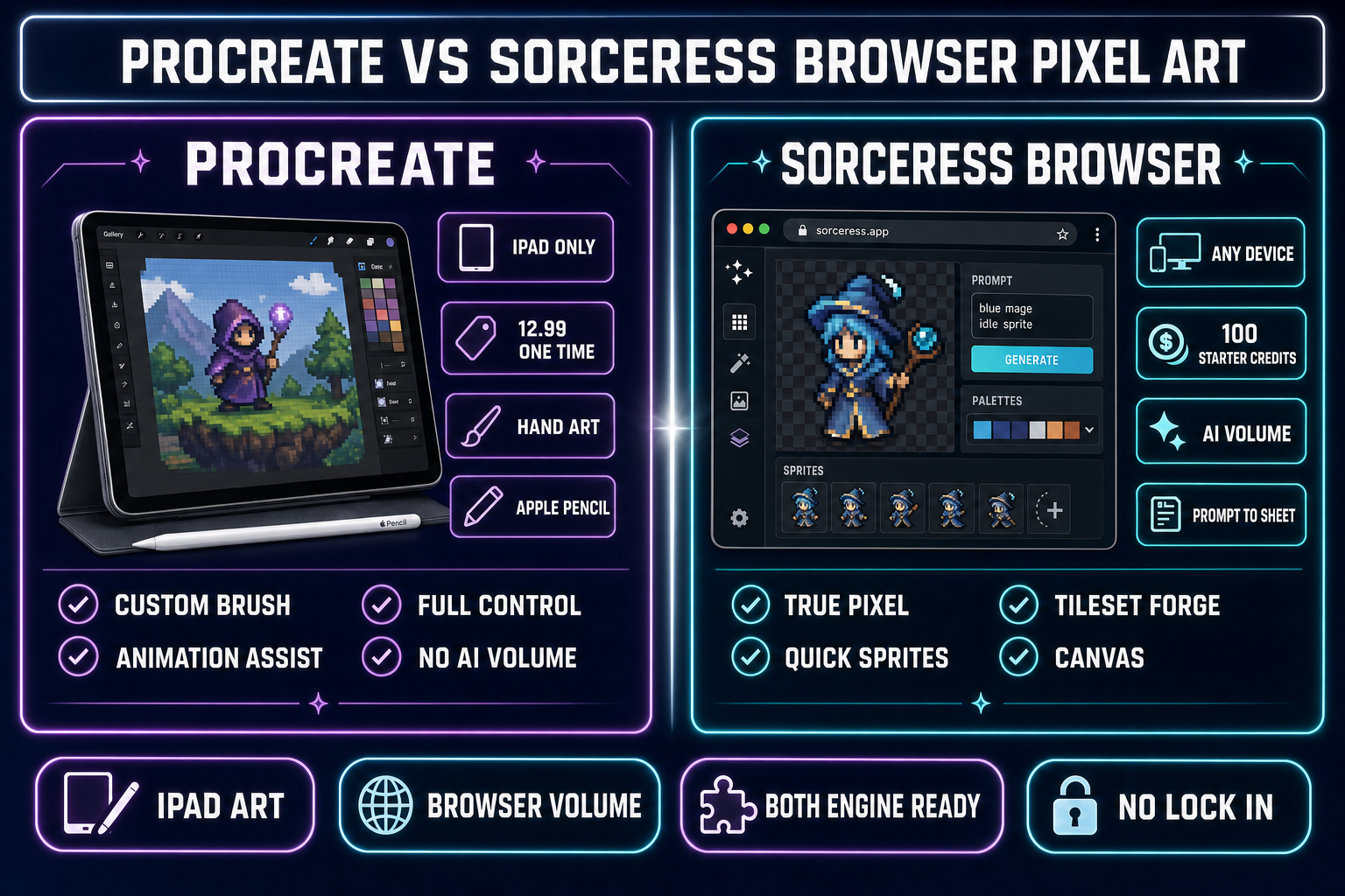 Side-by-side comparison of Procreate versus Sorceress browser pixel art &mdash; iPad-only hand art versus any-device AI-volume sprite-sheet generation