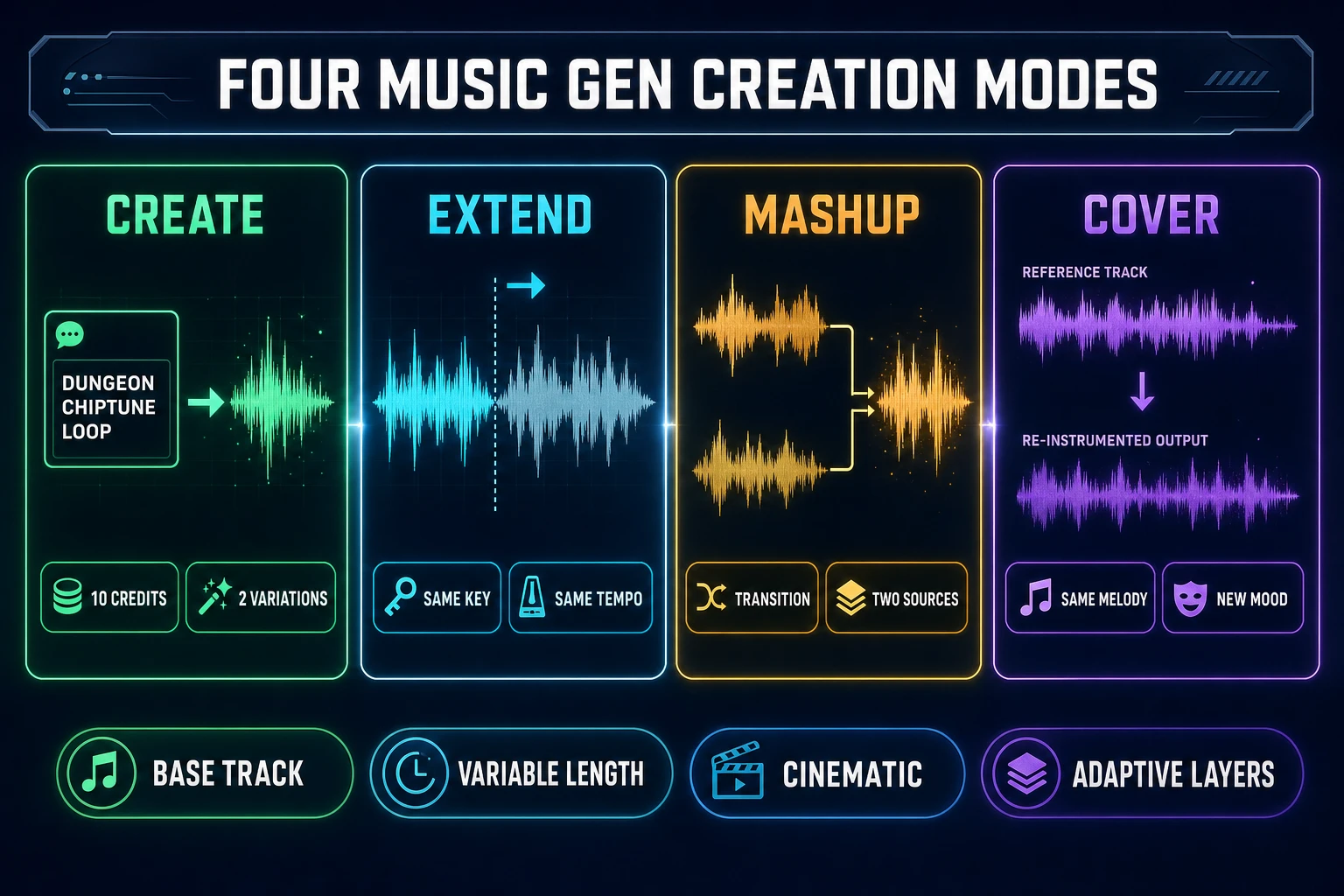 Four-panel diagram of the Sorceress Music Gen creation modes &mdash; Create from prompt, Extend a base loop, Mashup two tracks, and Cover an uploaded track