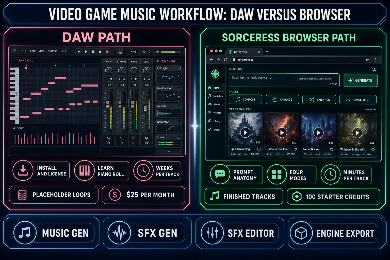 Side-by-side comparison of music with DAW vs without DAW &mdash; left lane shows traditional DAW with VSTs and manual loop editing, right lane shows Sorceress Music Gen with prompt to track, browser loop trimming, and engine export