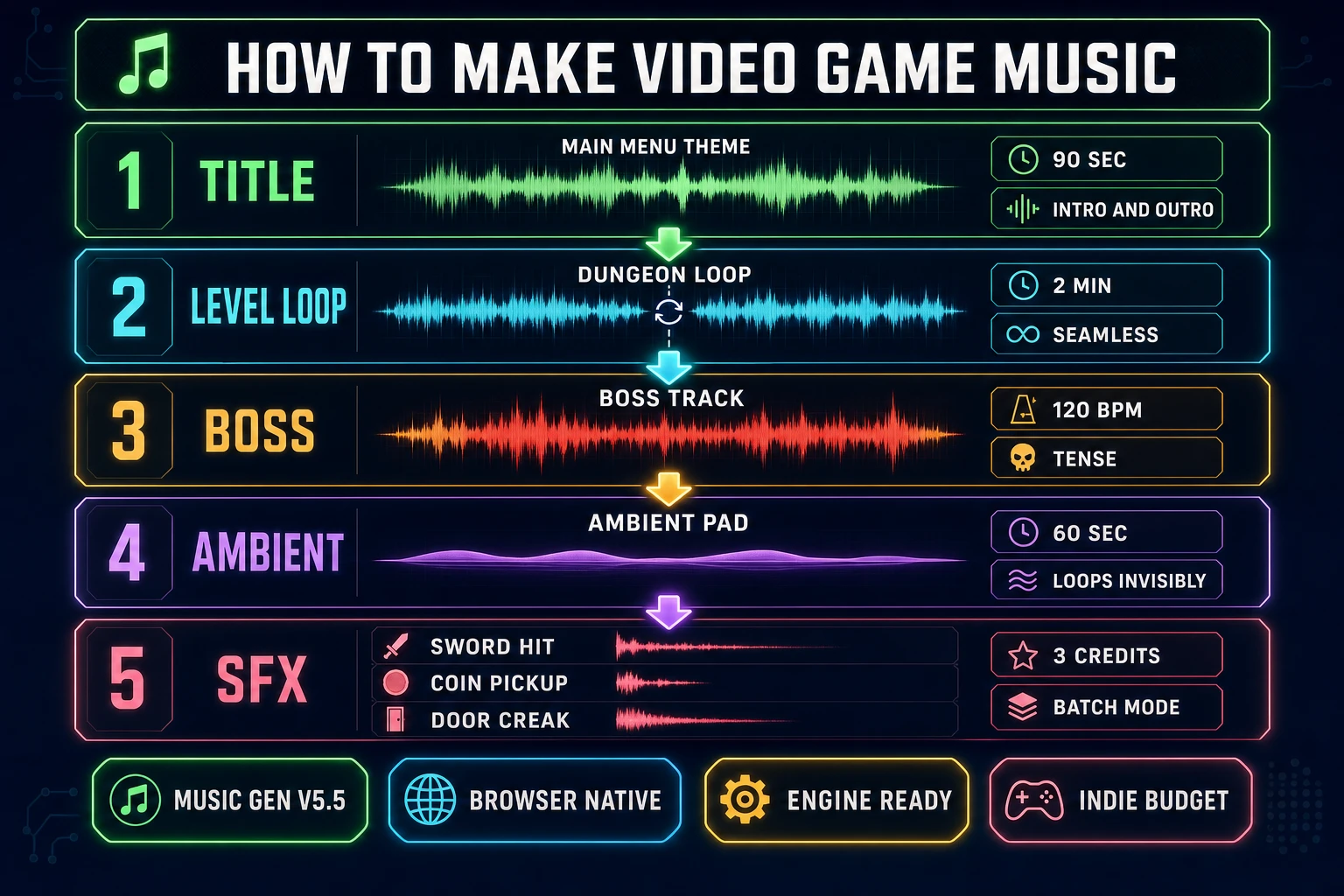 Five-panel diagram of how to make video game music with AI &mdash; the title theme, level loops, boss track, ambient pads, and SFX, all from Sorceress Music Gen and SFX Gen in the browser