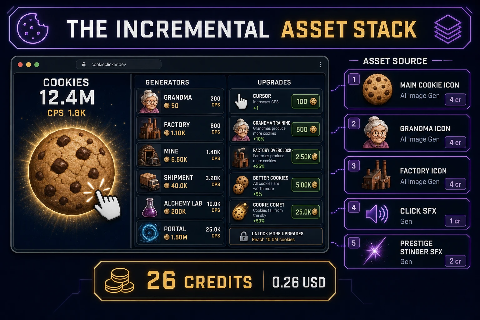 Incremental game asset stack diagram showing AI Image Gen icons for cookie grandma and factory, SFX Gen click and prestige cues, roughly 26 credits total