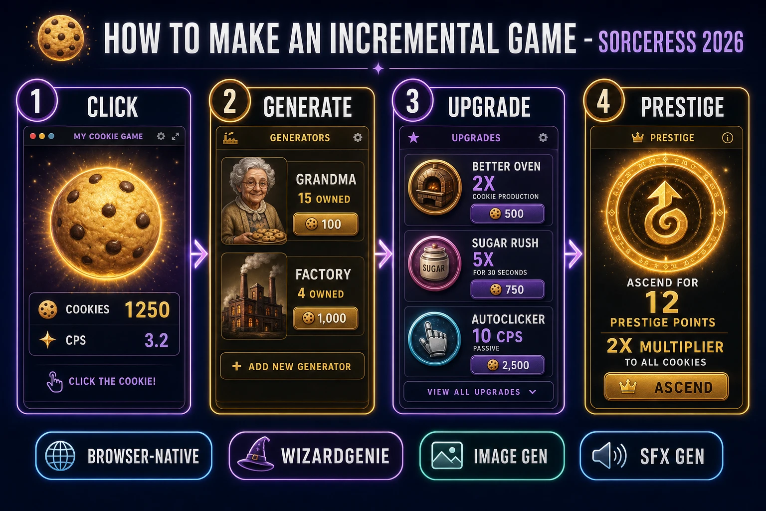 How to make an incremental game browser pipeline: click income, generators, upgrades, and prestige reset wired in WizardGenie