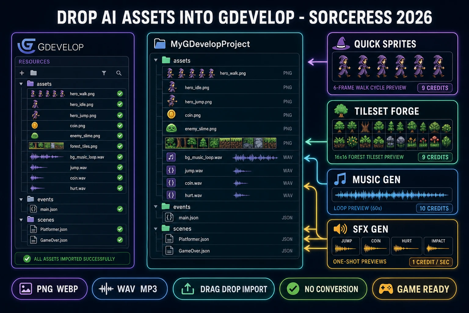 GDevelop project folder with AI-generated Sorceress assets loaded in: hero sprite sheet, tileset, music loop, and one-shot SFX