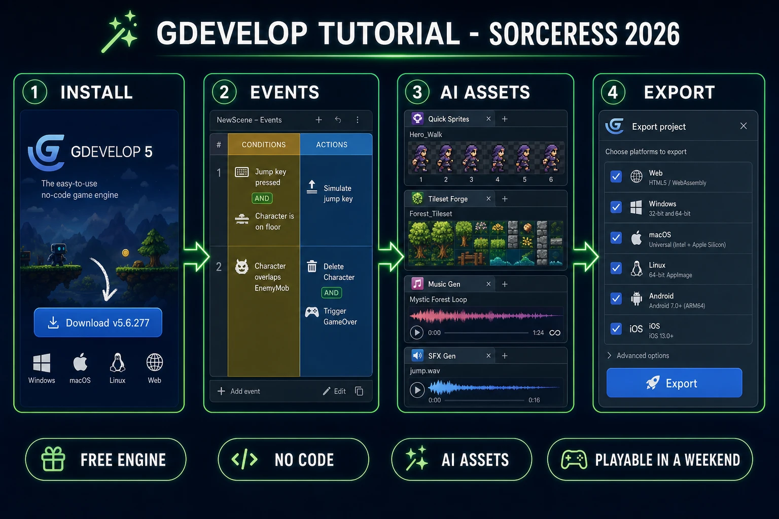 Gdevelop tutorial pipeline: install GDevelop 5.6.277, wire the event sheet, drop AI assets from Sorceress, and export to web or Steam