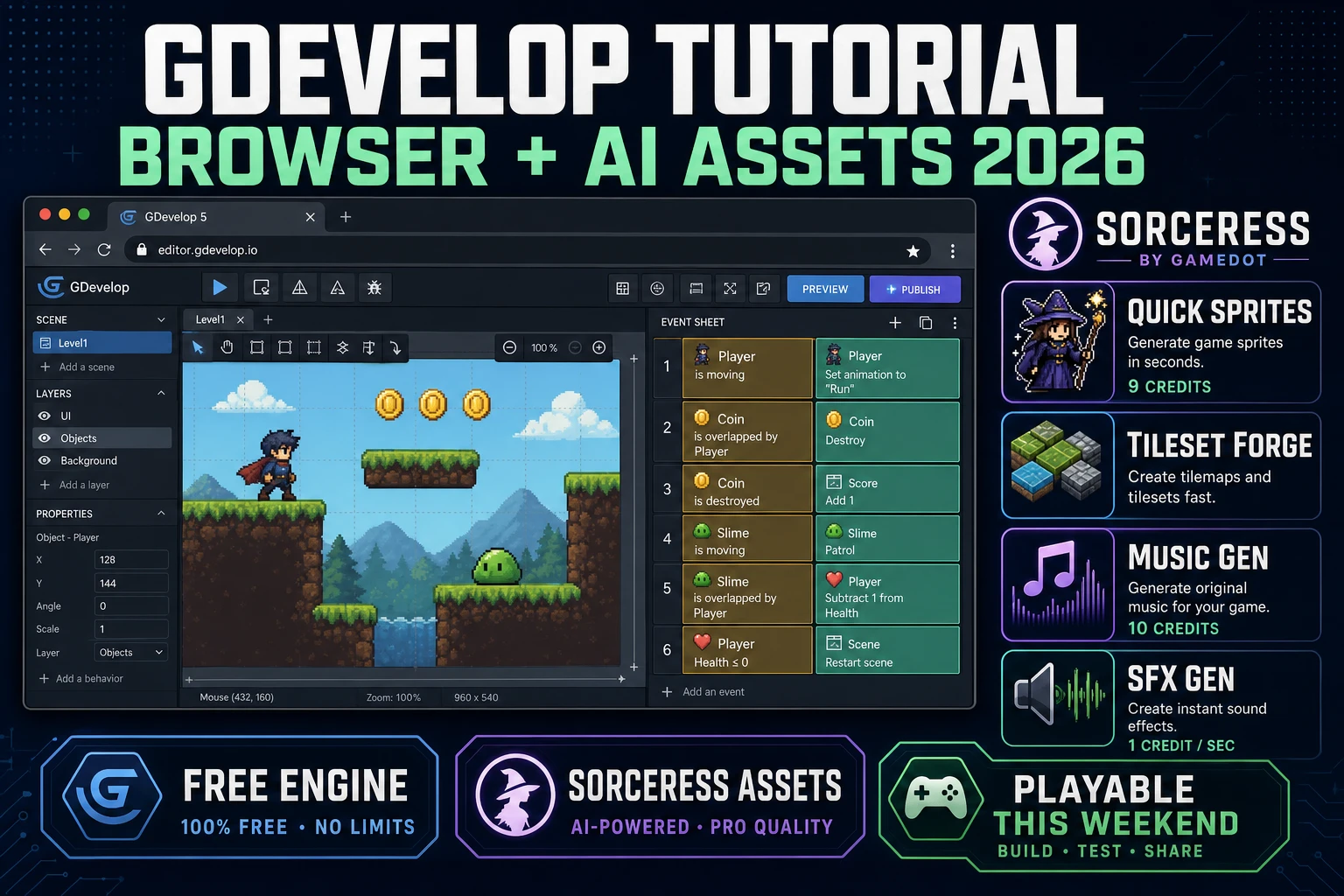 Ignite a GDevelop Tutorial (Browser AI Assets 2026)