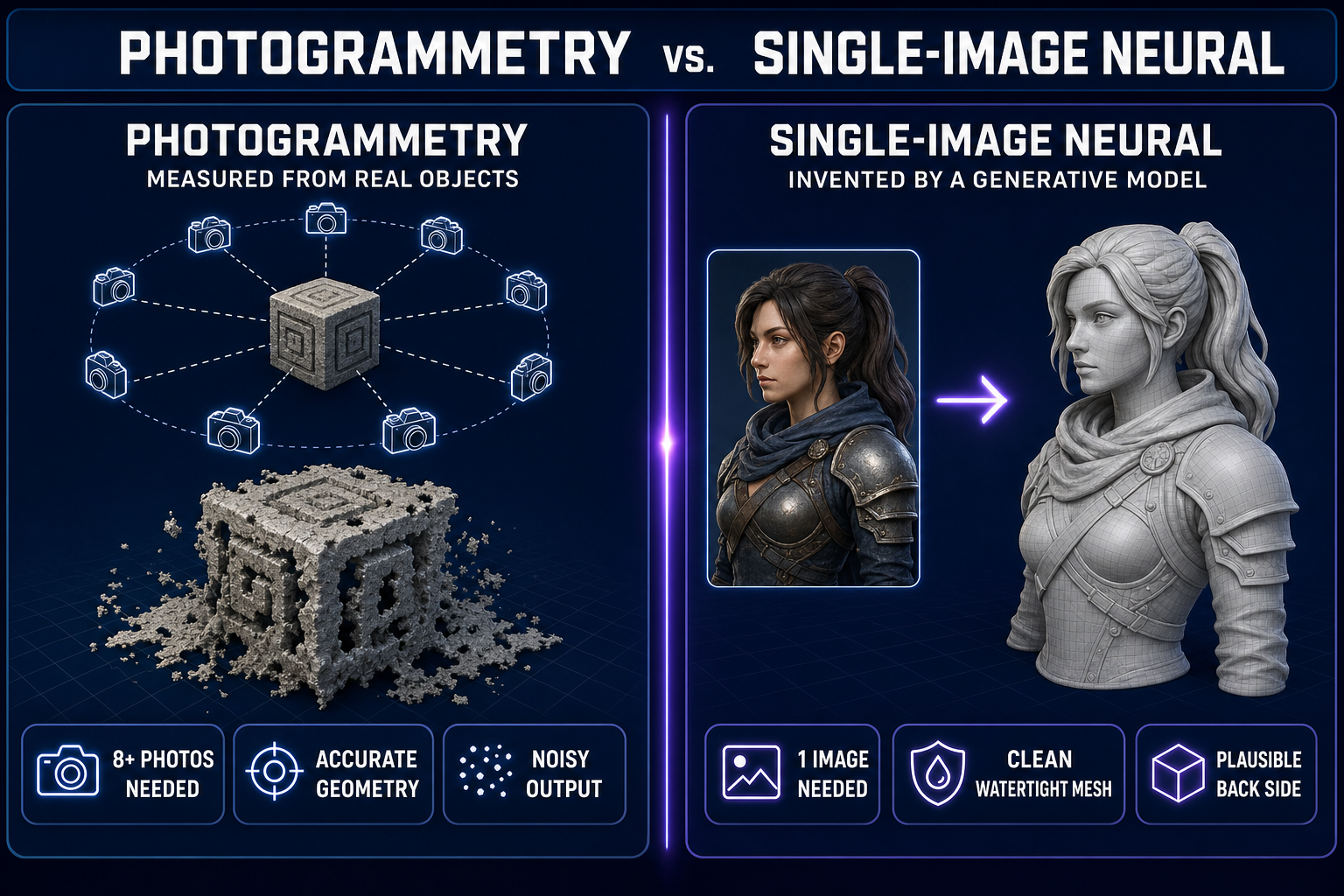 Comparison diagram: photogrammetry multi-photo workflow versus single-image neural reconstruction