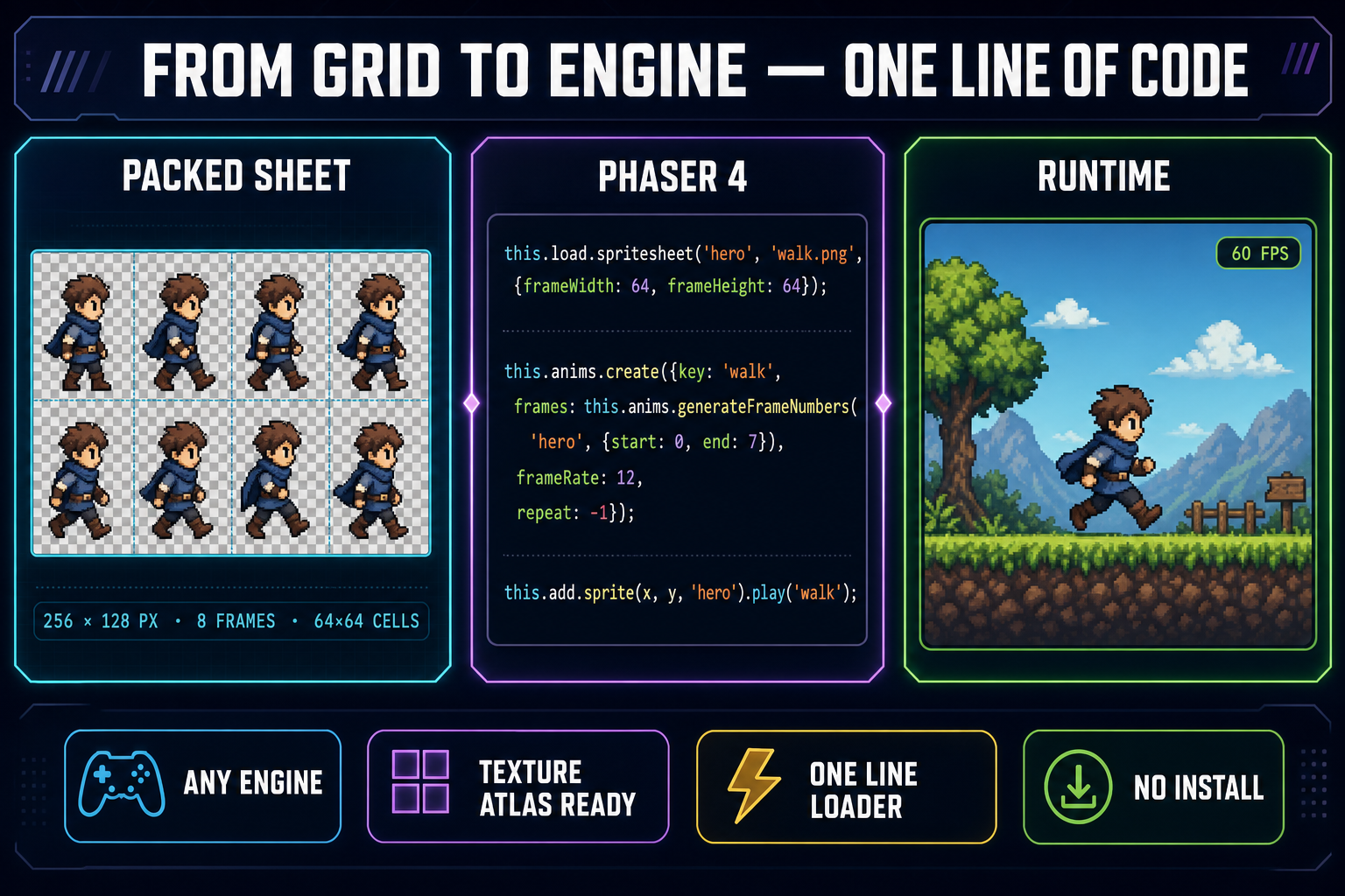 Three-panel engine-import diagram showing the packed pixel art grid sprite sheet at 256 by 128 pixels with 8 frames at 64-by-64 cell size on the left, a Phaser 4 code snippet with the spritesheet loader and animation create call in the middle, and the runtime canvas mockup with the character mid-stride at 60 FPS on the right
