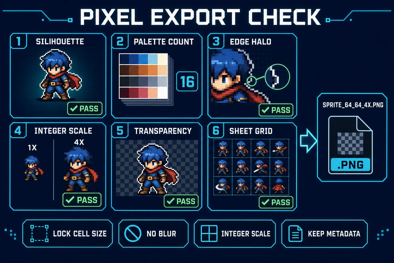 Pixel export check infographic 2026: silhouette, palette count, edge halo, integer scale, transparency, and sheet grid quality-control checklist