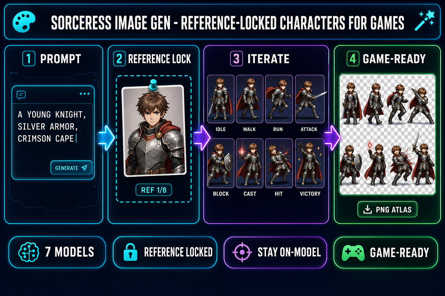 Reference-locked AI character generation pipeline showing four steps inside Sorceress AI Image Gen, type a prompt, pin a reference image, iterate eight character variants from the same source portrait, export a game-ready sprite sheet, on a dark navy background with cyan and purple accents