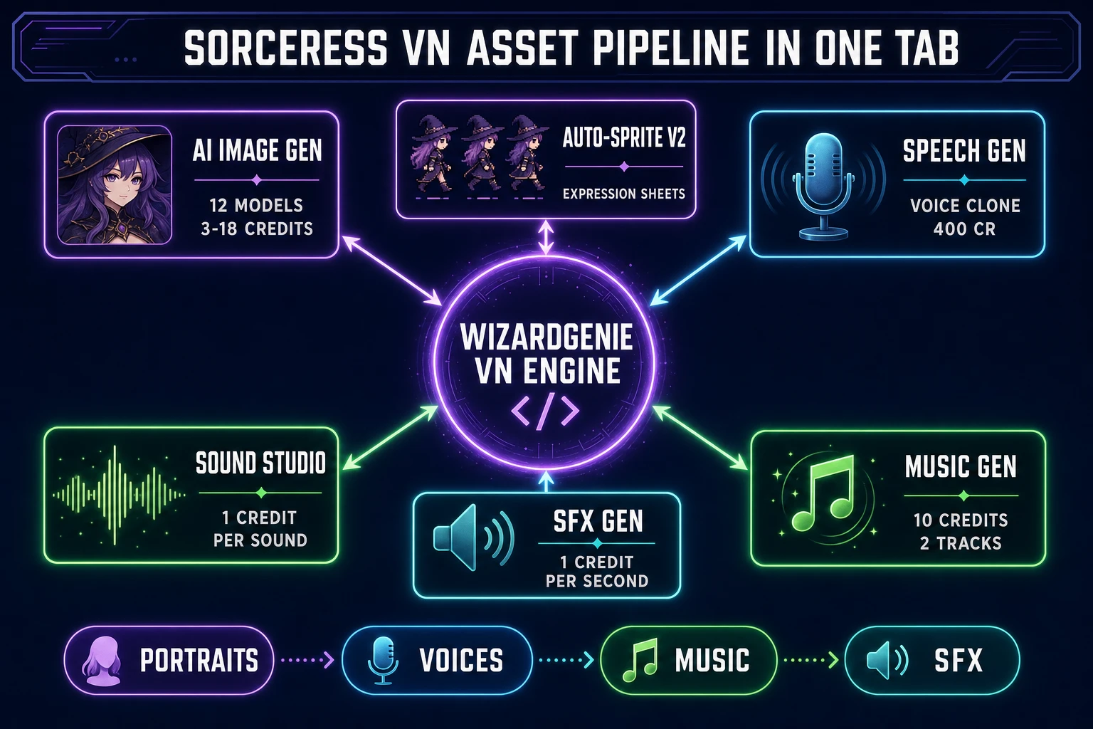 Sorceress VN asset pipeline in one tab - a hub and spoke diagram with WizardGenie VN engine at the center connected to AI Image Gen 12 models, Auto-Sprite v2 expression sheets, Speech Gen voice clone 400 credits, Music Gen 10 credits, SFX Gen 1 credit per second, and Sound Studio 1 credit per sound