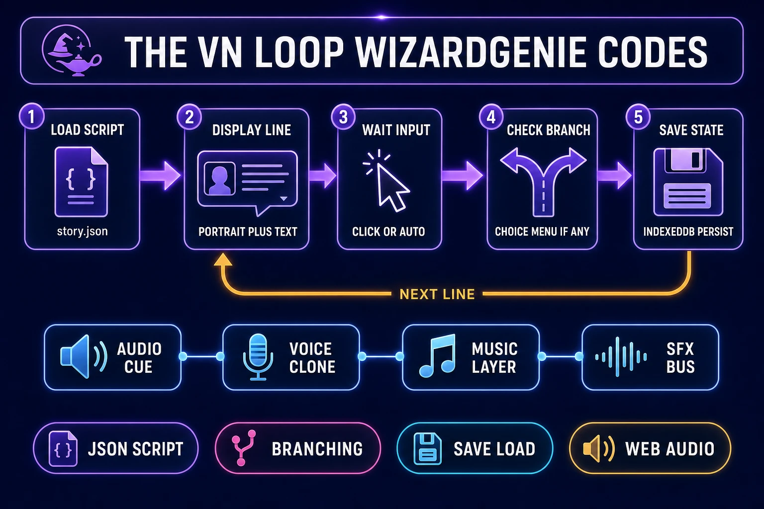 The VN loop WizardGenie codes - a horizontal loop diagram with five nodes LOAD SCRIPT, DISPLAY LINE, WAIT INPUT, CHECK BRANCH, SAVE STATE connected by arrows with a return arrow labelled NEXT LINE, plus an audio rail with AUDIO CUE, VOICE CLONE, MUSIC LAYER, SFX BUS cards