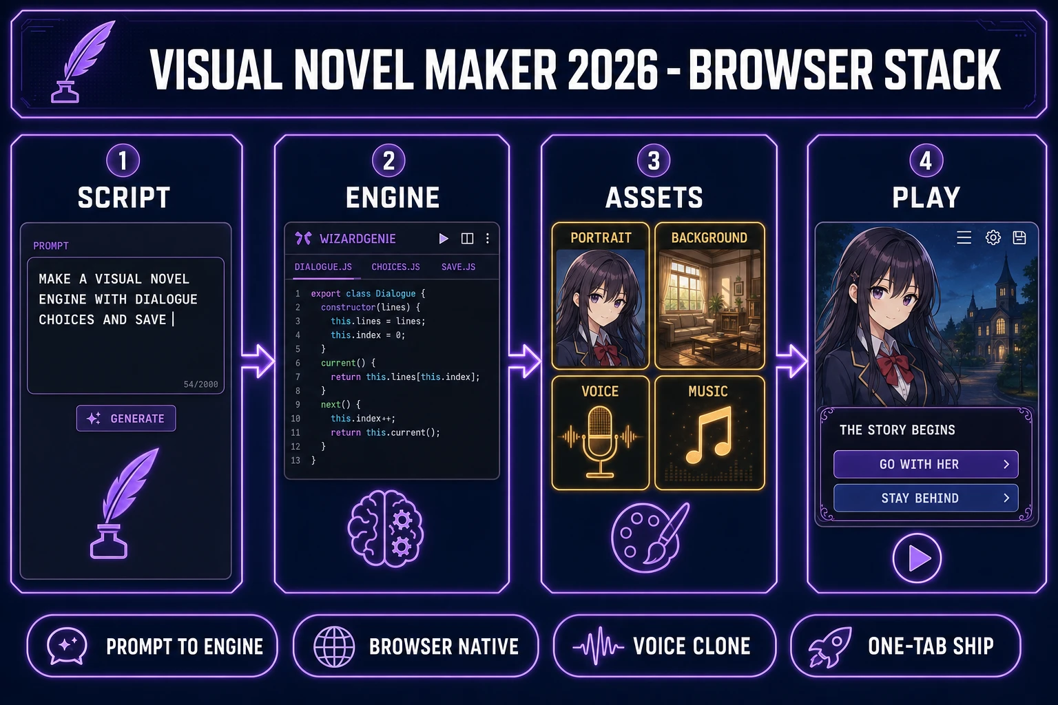 Visual novel maker 2026 browser stack - a four-panel pipeline showing SCRIPT prompt input, ENGINE code files, ASSETS portrait background voice music grid, and PLAY visual novel screen with dialogue and choices, powered by WizardGenie