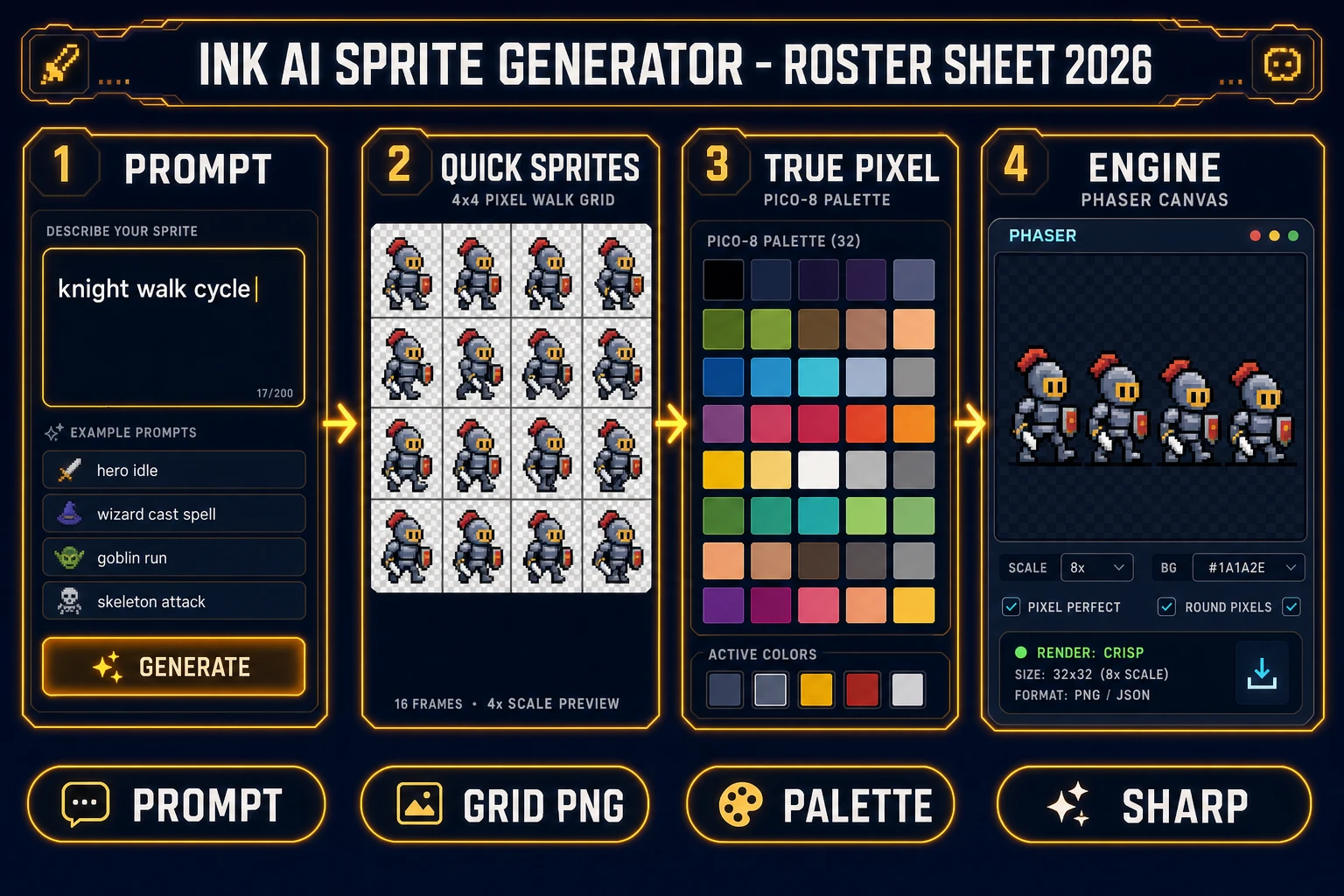 AI sprite generator roster pipeline: prompt, Quick Sprites grid PNG, True Pixel palette, sharp engine import