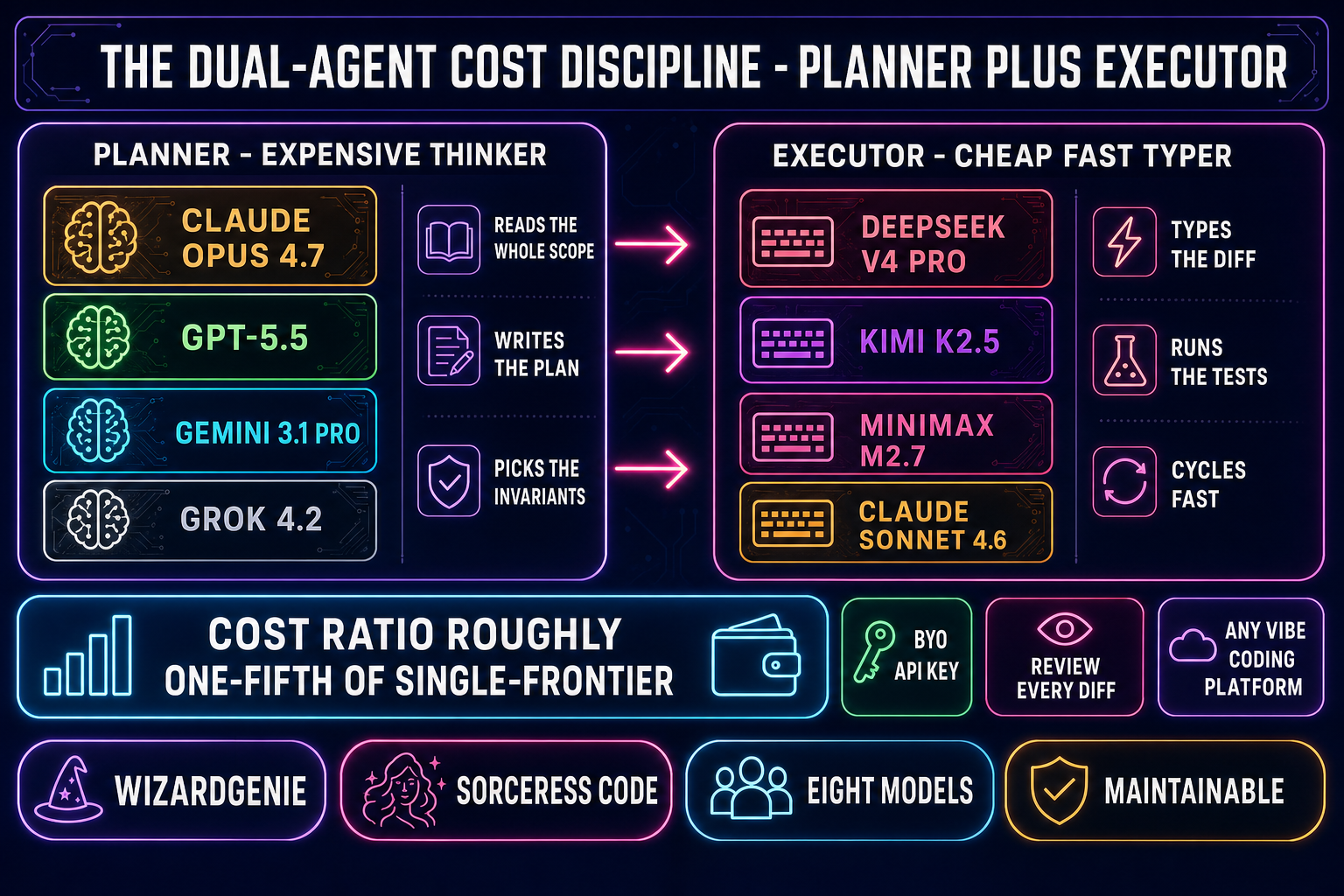 Dual-agent cost-discipline diagram across vibe coding platforms: Claude Opus 4.7 and GPT-5.5 and Gemini 3.1 Pro and Grok 4.2 on the planner side as expensive thinkers, DeepSeek V4 Pro and Kimi K2.5 and MiniMax M2.7 and Claude Sonnet 4.6 on the executor side as cheap fast typers, cost ratio roughly one-fifth of single-frontier with bring-your-own-key and review-every-diff badges