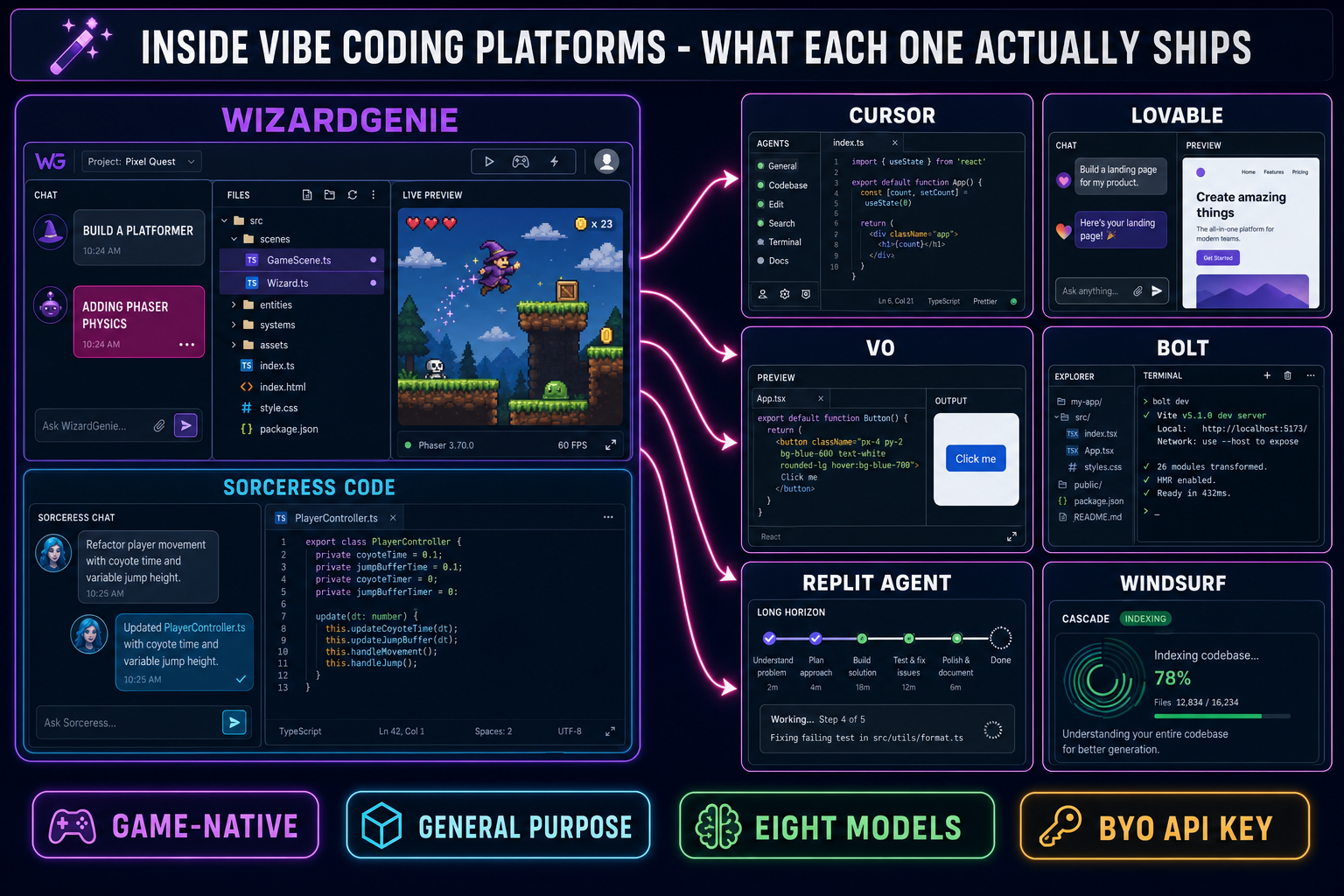 Inside vibe coding platforms 2026: WizardGenie and Sorceress Code on the game-native side, Cursor, Lovable, v0, Bolt, Replit Agent, and Windsurf on the general-purpose side, compared on agent loop, live preview, model picker, asset pipeline, and bring-your-own-key