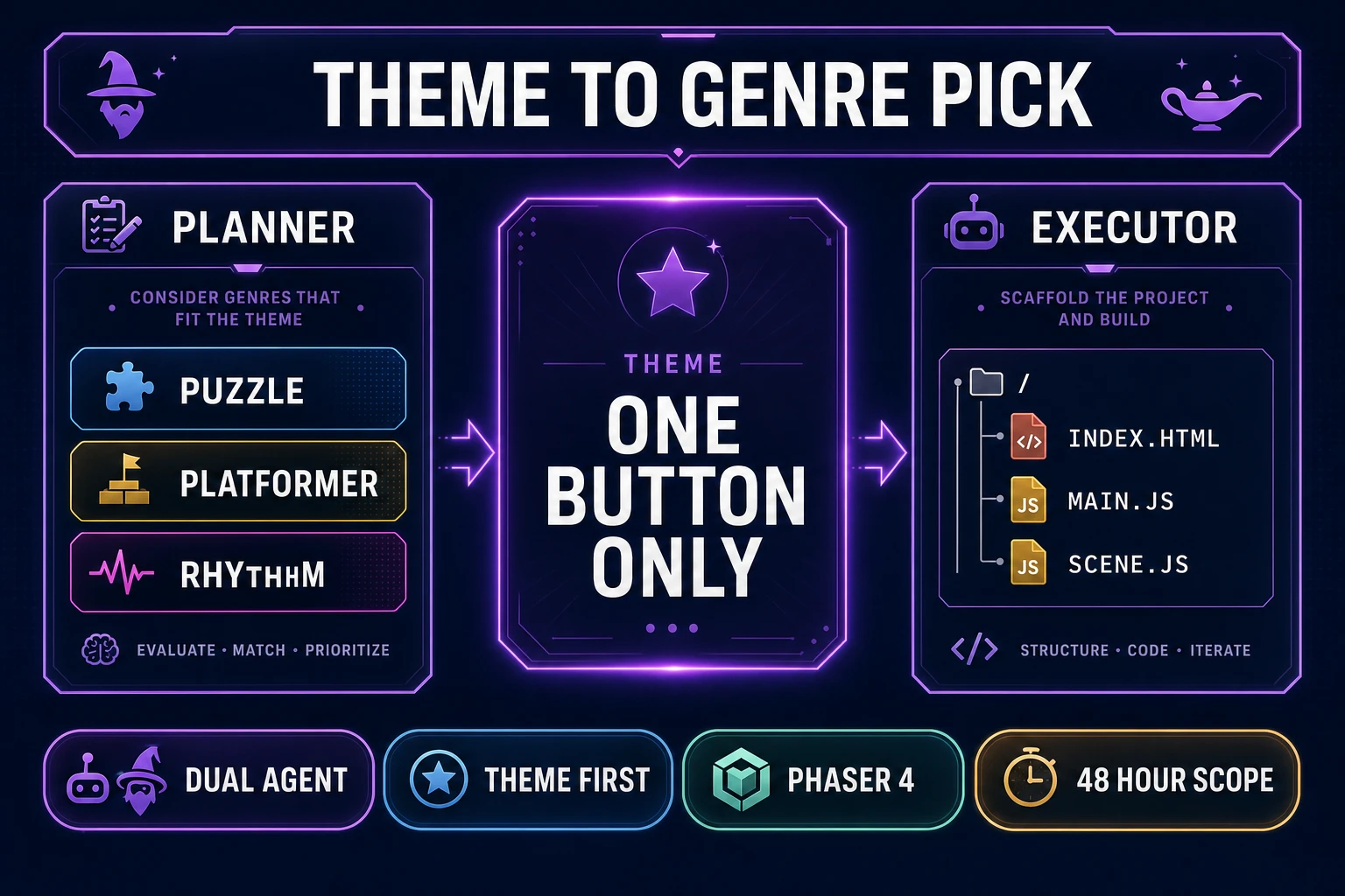 WizardGenie dual-agent Planner and Executor interpreting a game jam theme into genre pick and Phaser 4 file scaffold, verified July 5, 2026