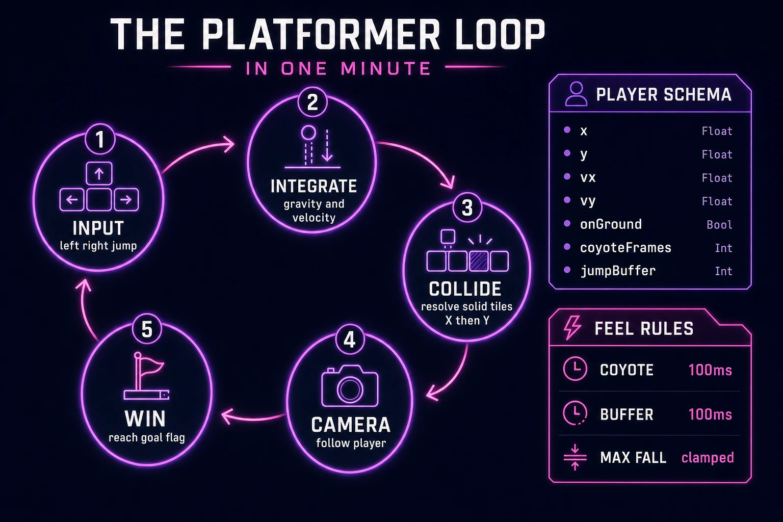Platformer game loop state machine diagram showing input, integrate, collide, camera, and win nodes with player schema and feel rules panel