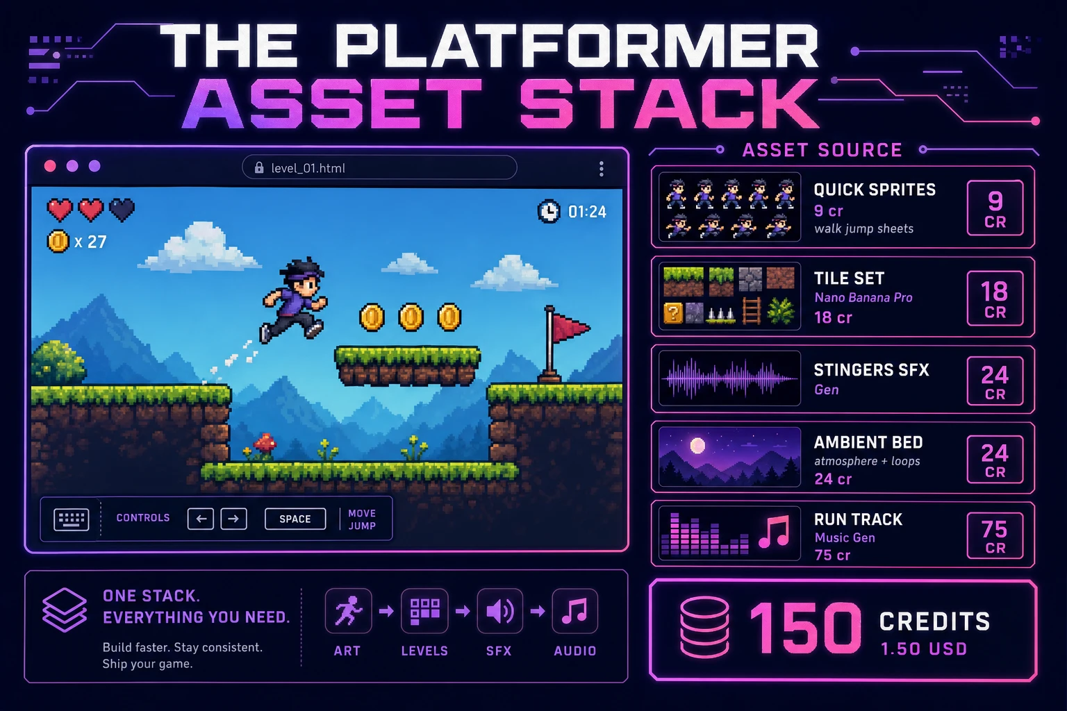 Platformer game asset stack showing a browser side-scroller next to asset tiles for Quick Sprites sheets, terrain, stingers, ambient bed, and music tracks
