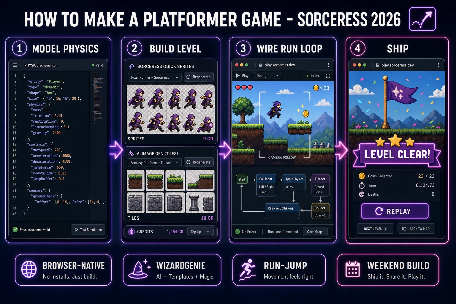 How to make a platformer game browser pipeline: model gravity and solid tiles, wire run-jump-camera in WizardGenie, and ship a browser run loop