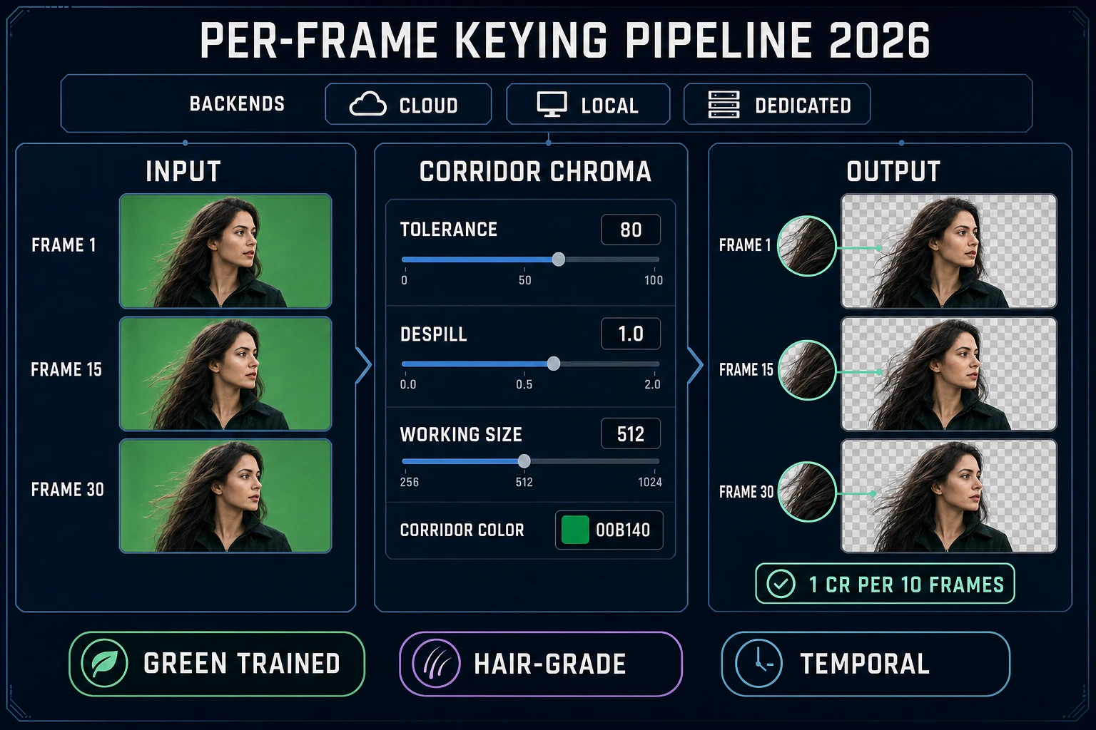 Per-frame ai video background remover pipeline: frames on green plane, Corridor Chroma settings, transparent-checker output with hair-grade edges