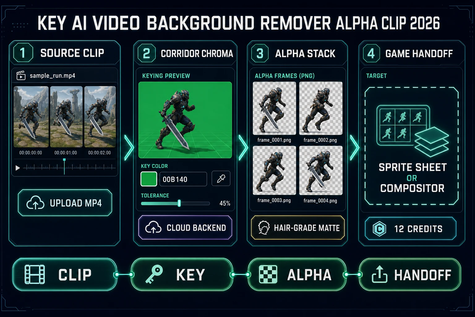 Key ai video background remover: upload clip, run Corridor Chroma neural keying, download the alpha stack, hand off to Auto-Sprite v2 or a compositor