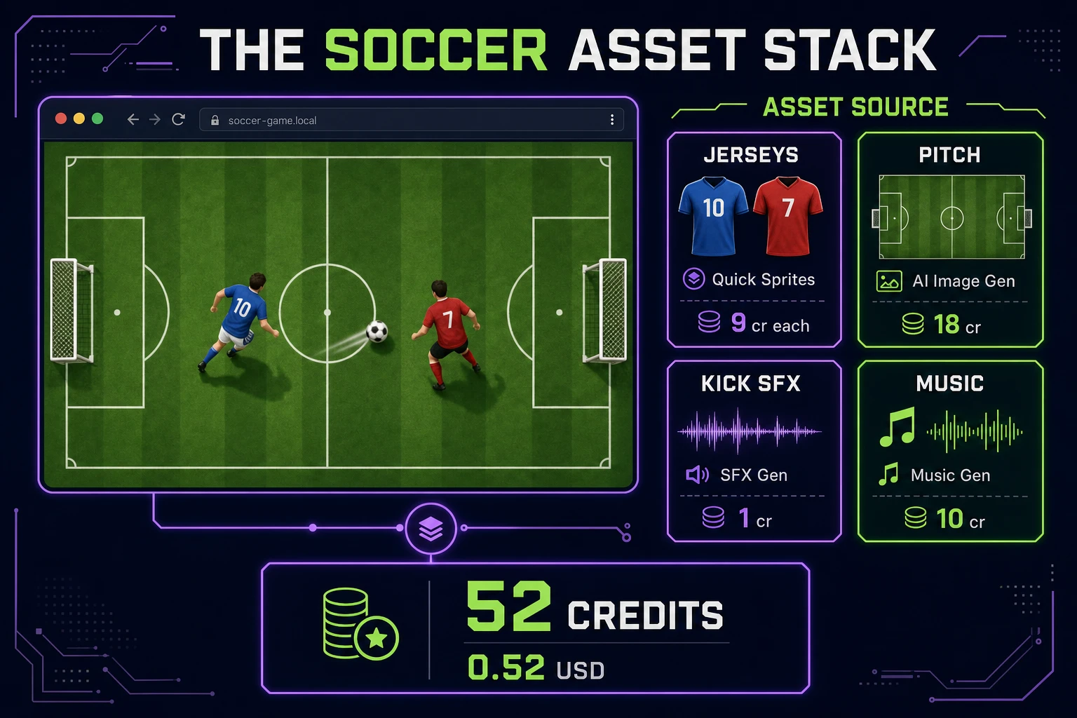 Soccer asset stack diagram showing Quick Sprites jerseys, AI Image Gen pitch texture, SFX Gen kick audio, and Music Gen stadium bed with 52 credit total
