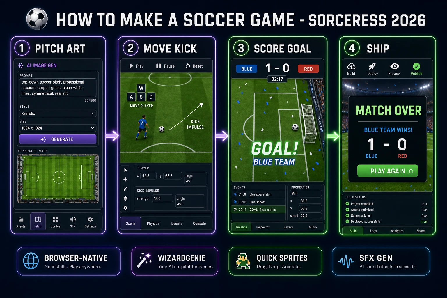 How to make a soccer game browser pipeline: model top-down ball physics and kick impulse, wire goals and match timer in WizardGenie, and ship a browser goal loop