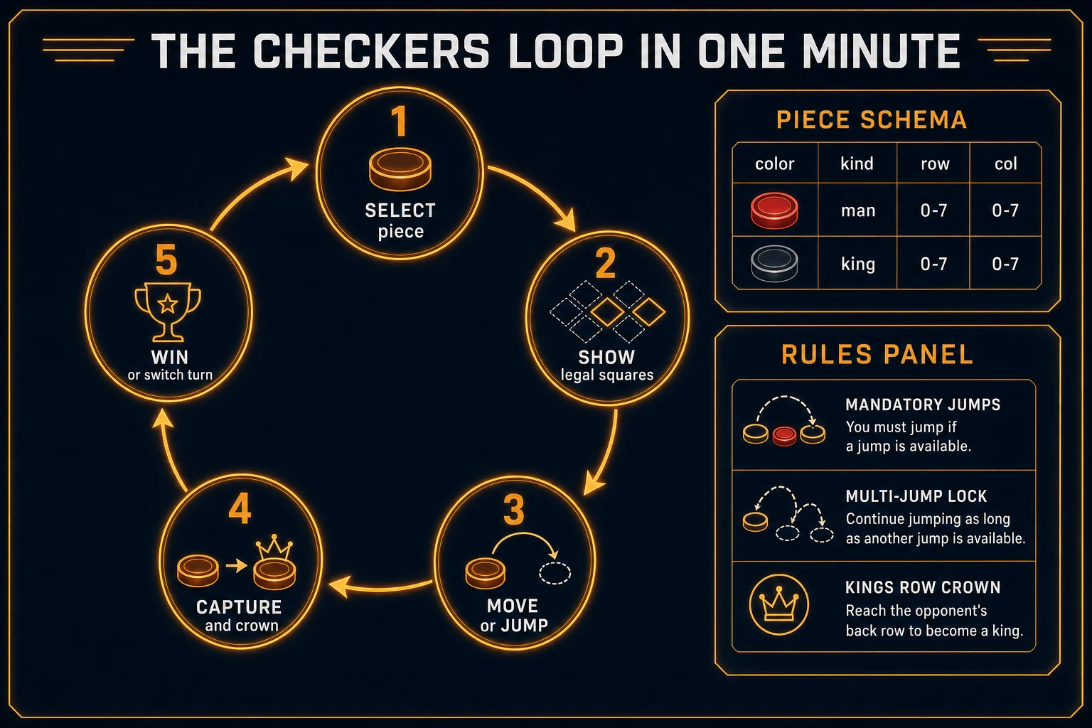 Checkers loop state machine diagram showing select, show legal squares, move or jump, capture and crown, and win or switch turn