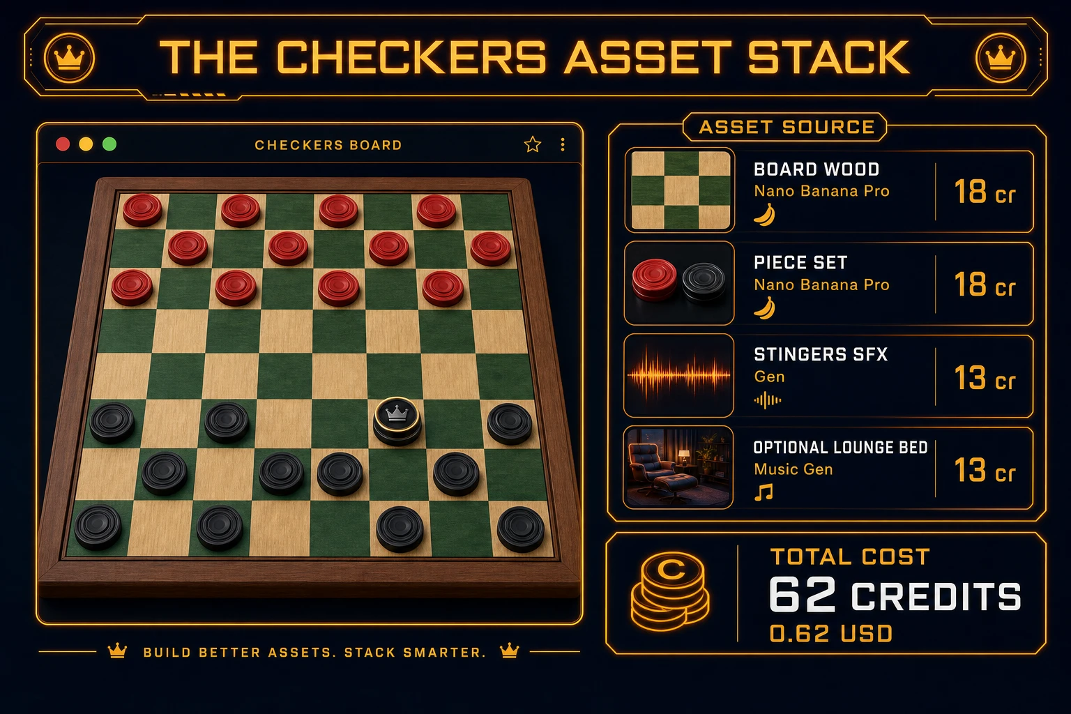 Checkers asset stack diagram showing AI Image Gen board and pieces, SFX Gen stingers, optional Music Gen lounge bed, and total credit cost under one dollar