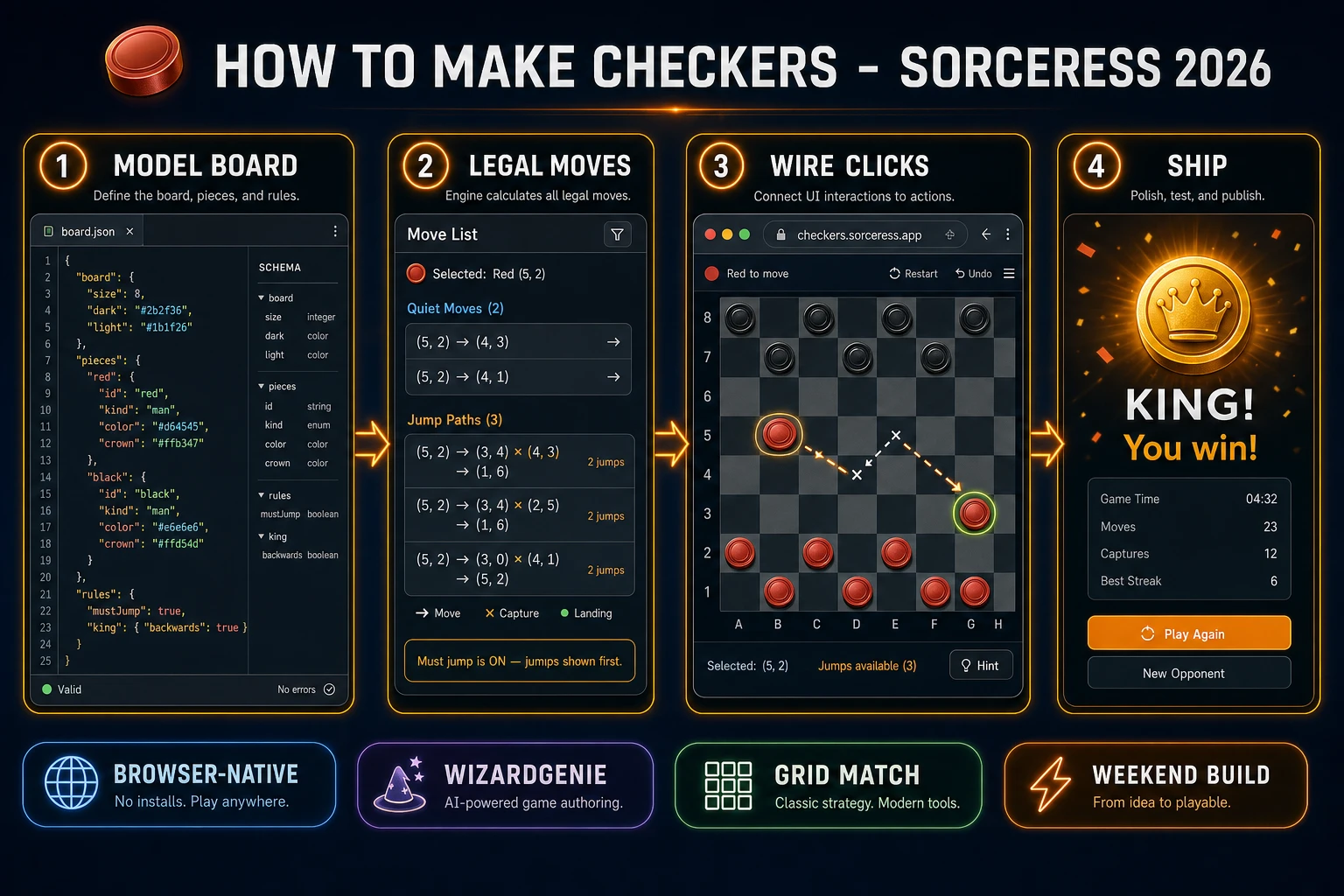 How to make checkers browser pipeline: model an 8x8 draughts board with jumps and kings, wire click-to-move in WizardGenie, and ship a browser checkers game