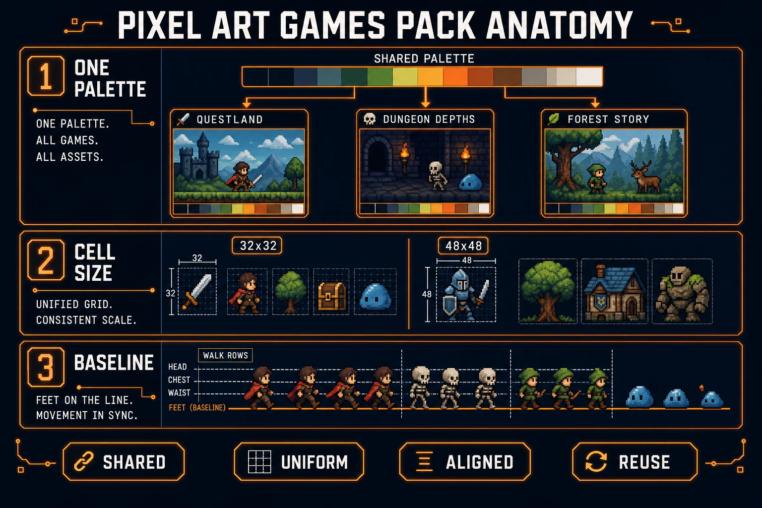 Shared palette and cell sizes across multiple pixel art games