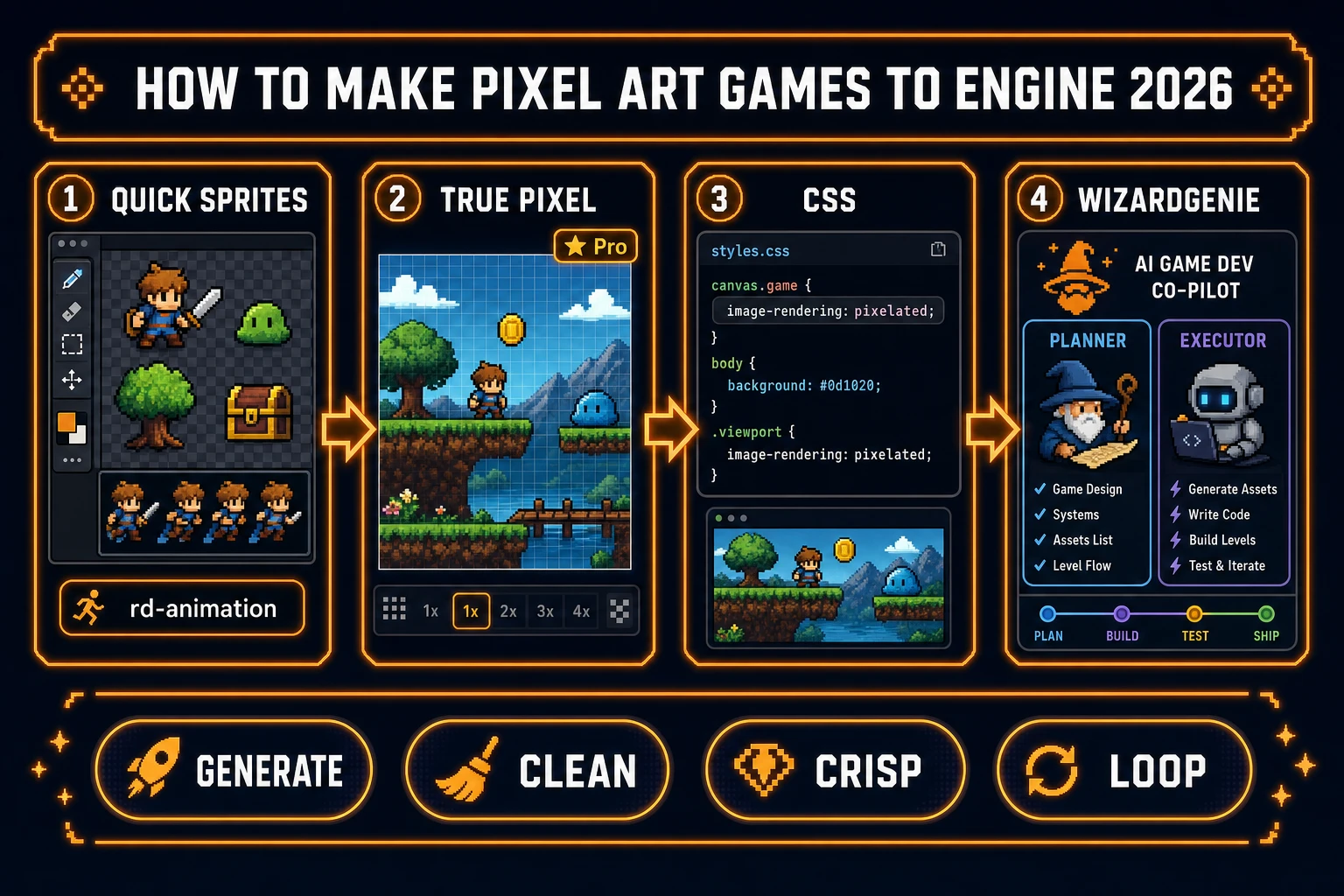 Quick Sprites True Pixel crisp scale and WizardGenie loop for pixel art games