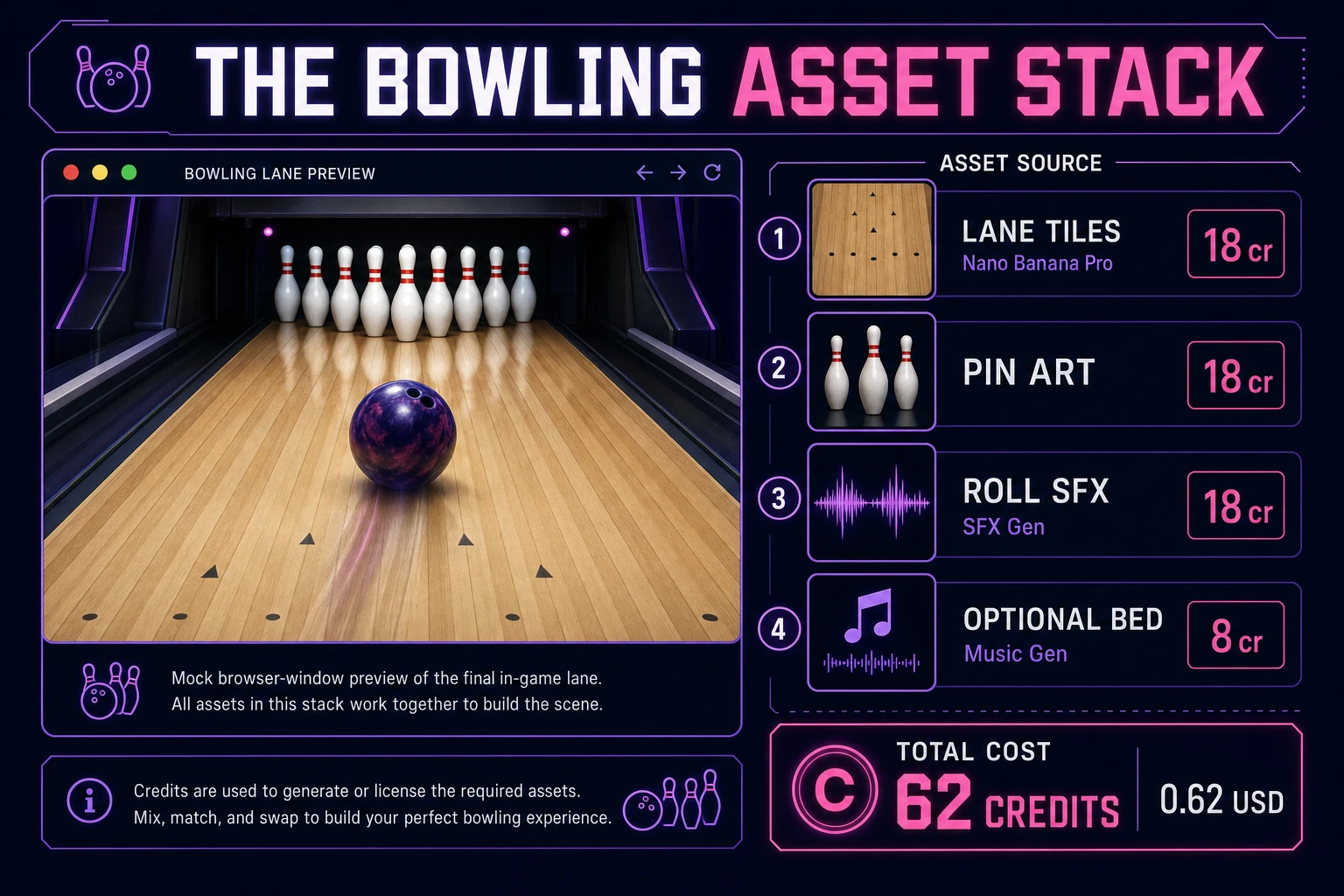 Bowling asset stack diagram showing browser ten-pin lane with AI Image Gen wood tiles plus SFX Gen roll and pin crash audio