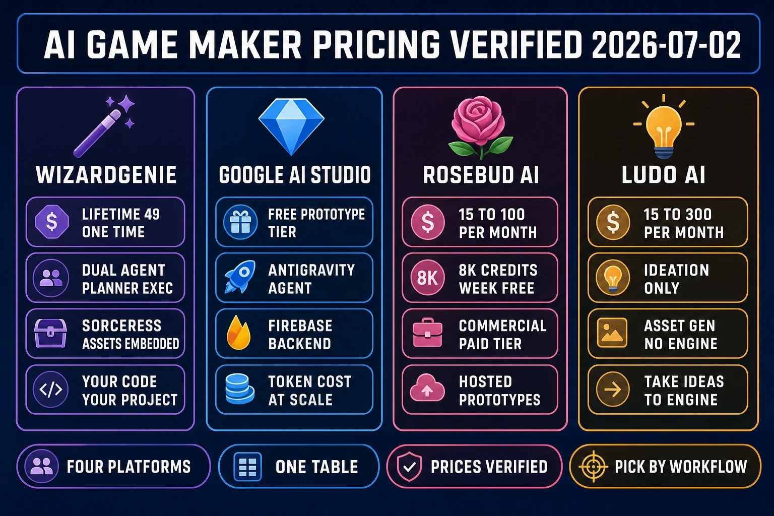 AI game maker pricing comparison - four columns for WizardGenie, Google AI Studio, Rosebud AI, and Ludo AI showing monthly cost, key features, and commercial rights per verified July 2, 2026