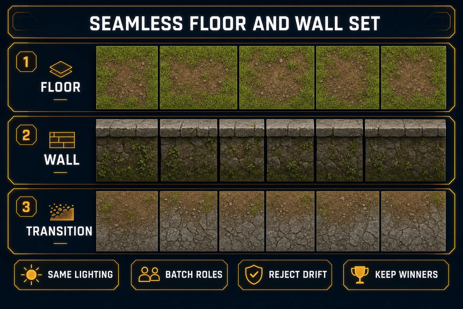 AI tileset generator Seamless Tile Gen floor wall and transition families with shared lighting