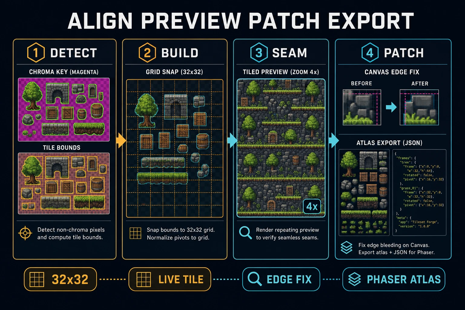 AI tileset generator Tileset Forge detect build seam preview and Canvas edge patch before atlas export