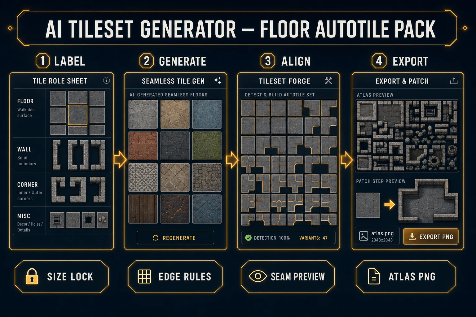AI tileset generator workflow from labeled floor roles through Seamless Tile Gen and Tileset Forge to atlas export