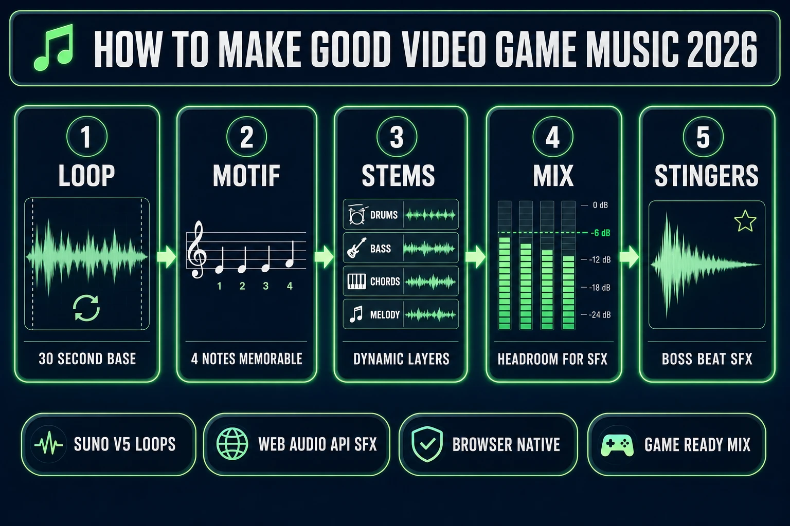 How to make good video game music - five-layer pipeline showing loop, motif, stems, mix, and stingers with panel headers and mock UI elements