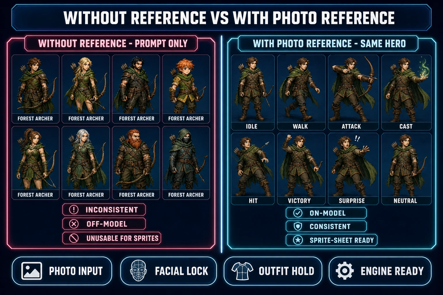 Comparison of two AI character generator outputs side by side, left lane labeled Without Reference Prompt Only showing eight character thumbnails all labeled forest archer but each with a different face hair color and outfit, right lane labeled With Photo Reference showing the same eight thumbnails all sharing the same face green hood and leather armor in eight different poses, on a dark navy background with rose and cyan accents
