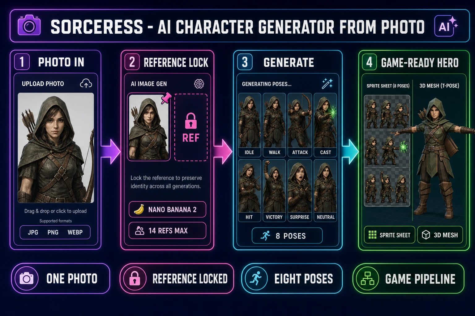 Sorceress AI character generator from photo pipeline showing four steps, photo input as a single portrait, reference lock inside AI Image Gen with Nano Banana 2 and 14 reference slots, generate eight pose variants of the same character, ship a game-ready hero with a packed sprite sheet and a low-poly 3D mesh, on a dark navy background with purple, fuchsia, cyan, and emerald accents