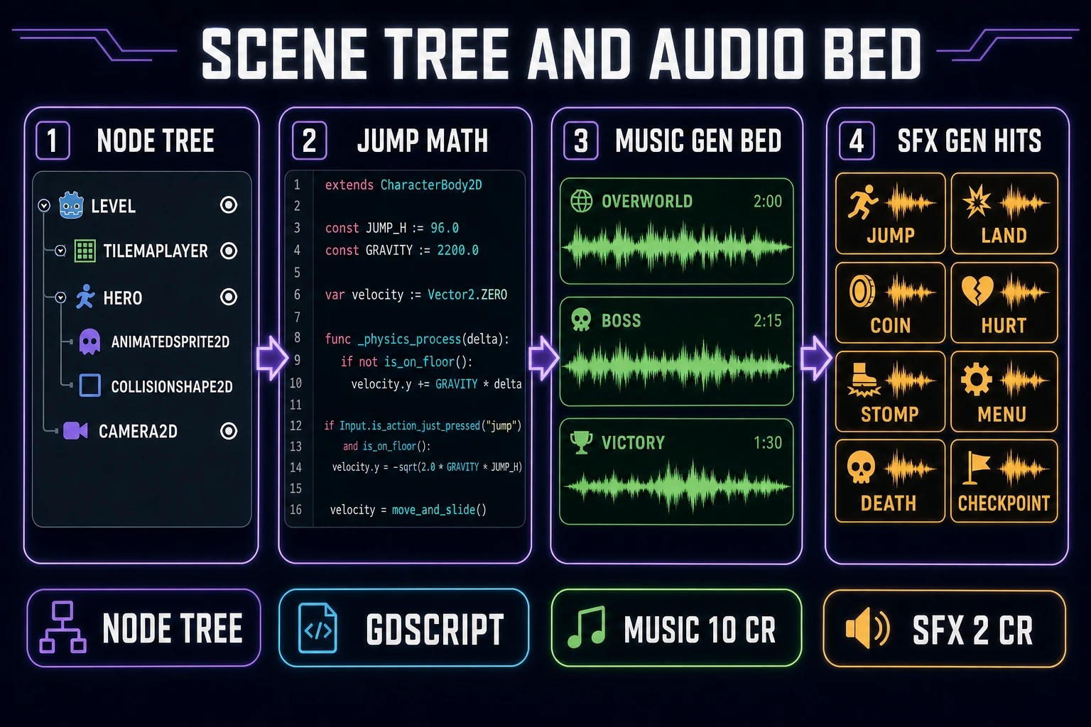 Godot platformer scene tree and audio bed for how to make a 2d platformer in godot